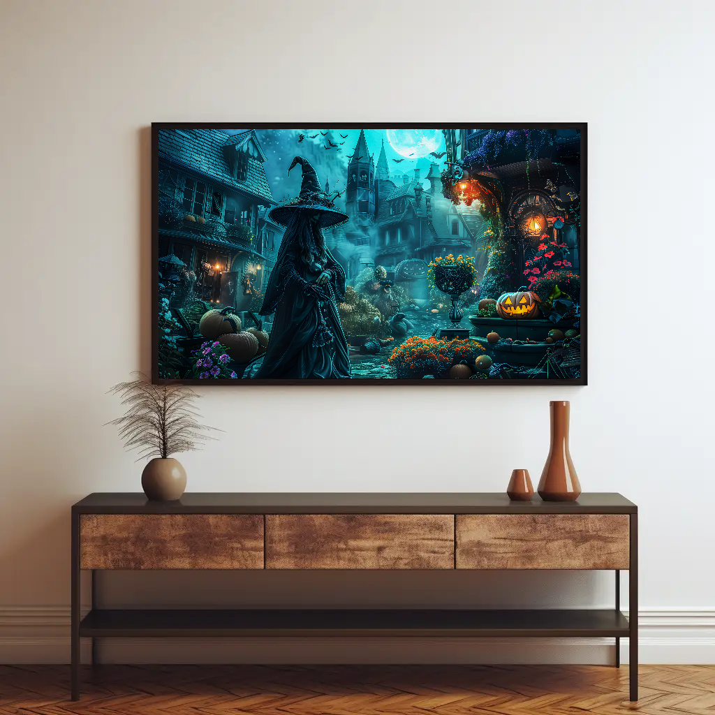 Mystical Town Witch Wall Art: Halloween Artwork