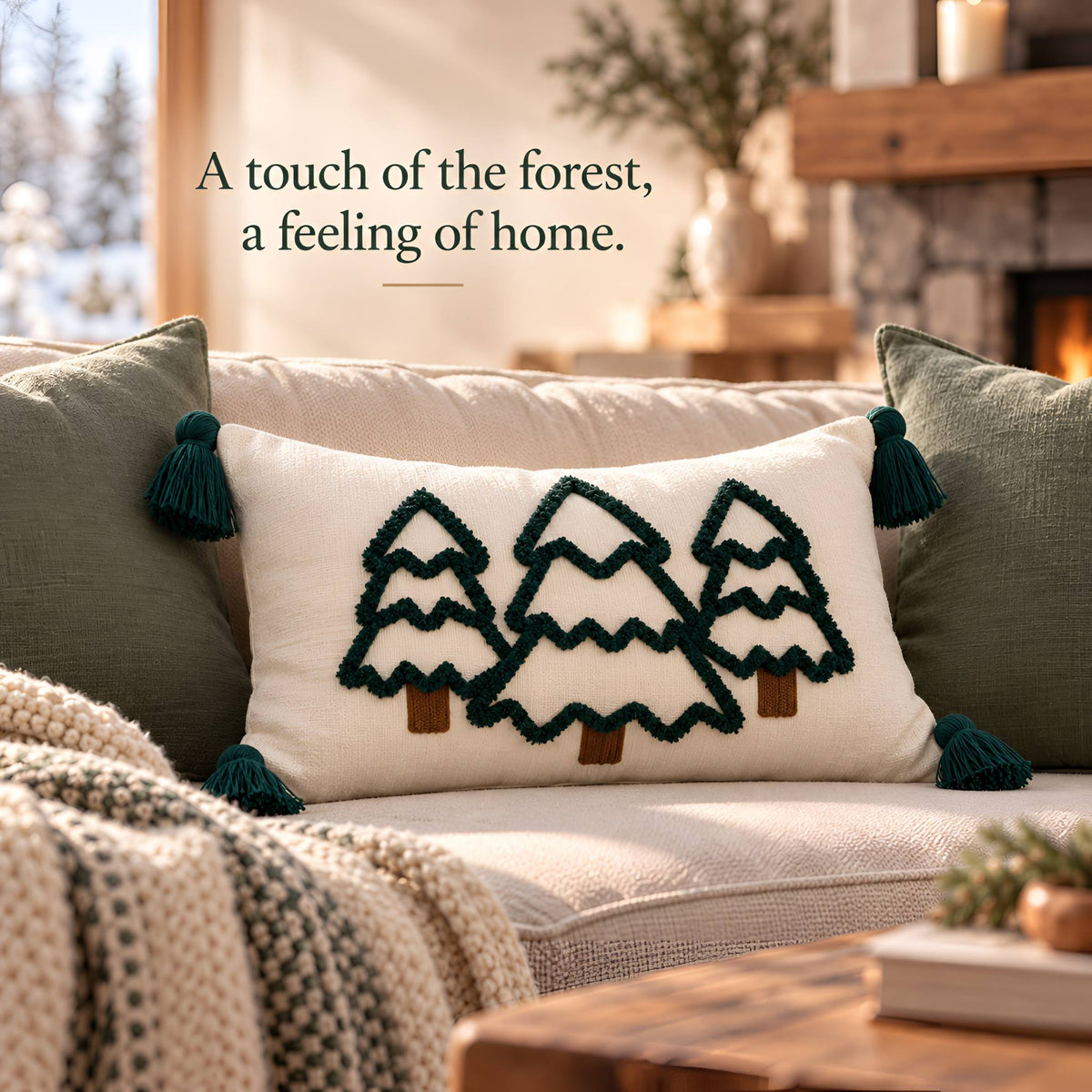 Embroidered tree lumbar pillow cover on a sofa with the words “A touch of the forest, a feeling of home.”