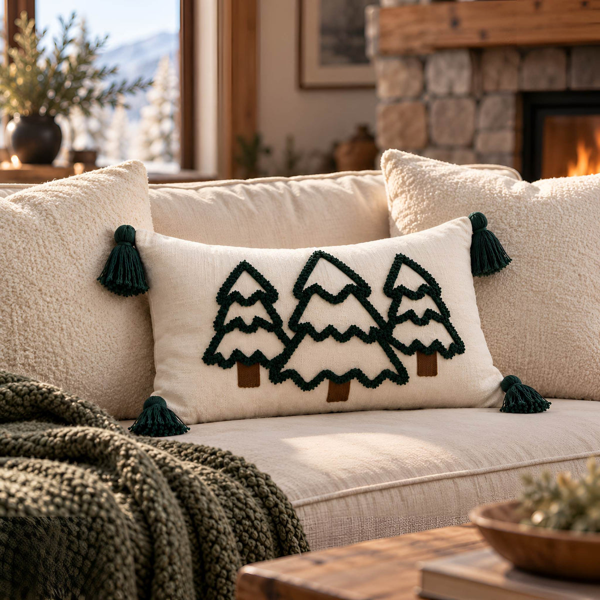 Ivory embroidered evergreen lumbar pillow cover with dark green tassels styled beside a chunky knit throw.