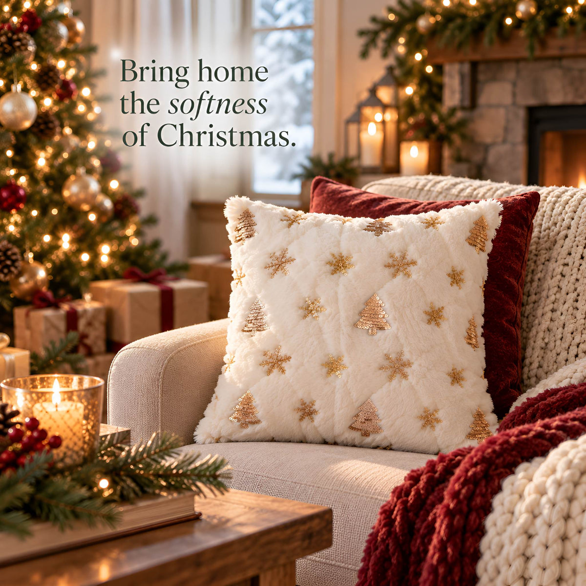 Christmas Throw Pillow Cover, 18x18 or 12x20 | Gold Sequins