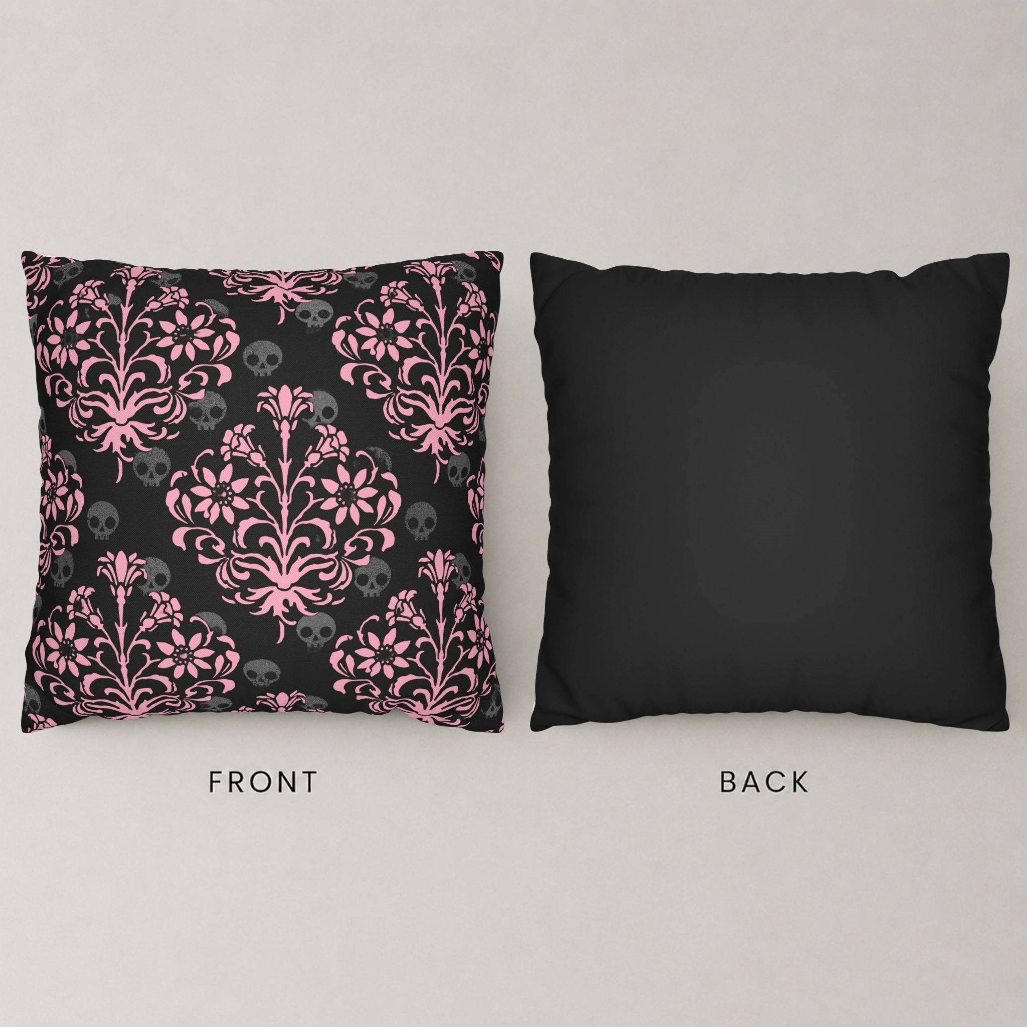 Victorian Gothic pillow cover showing pink damask front and black back