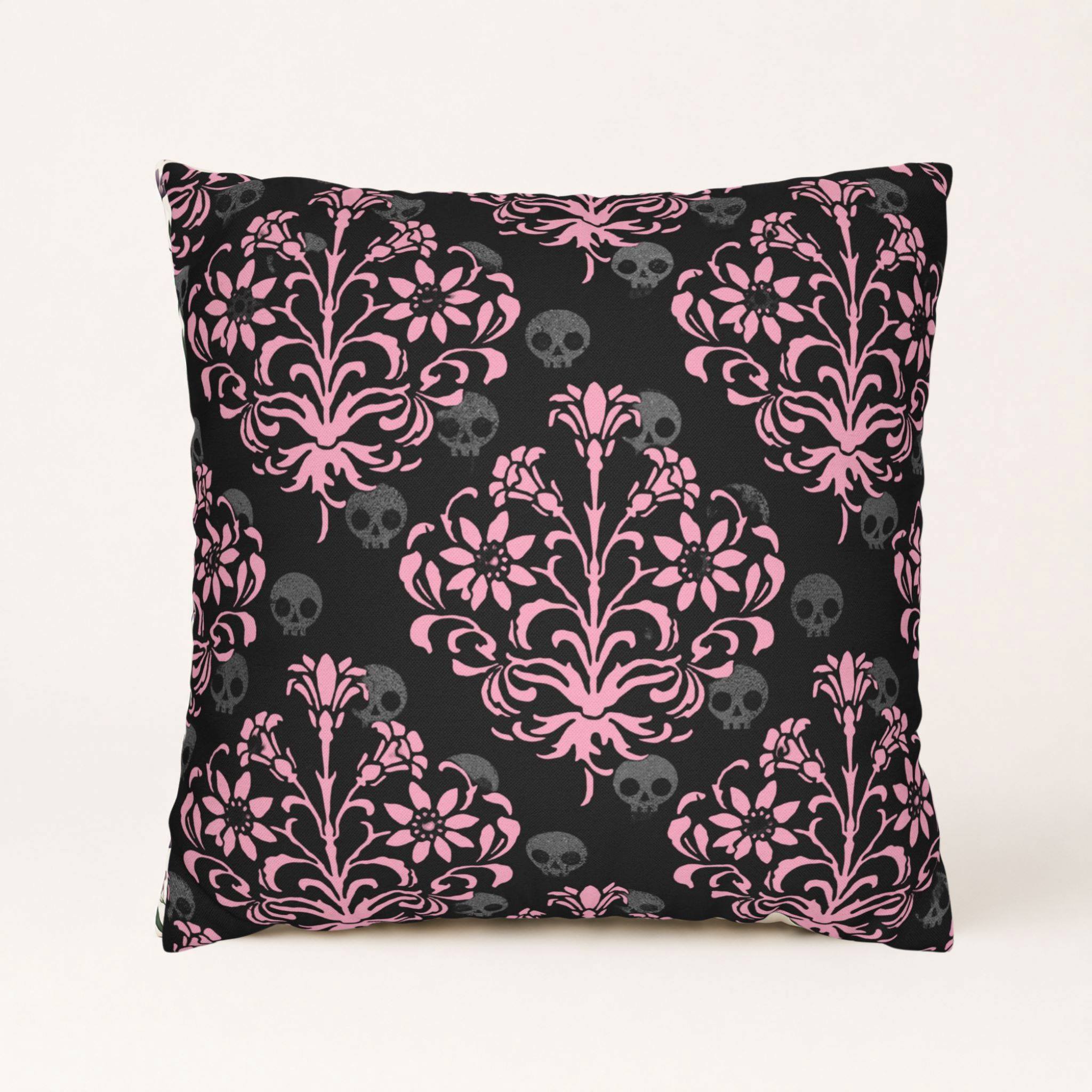 Victorian Gothic pillow cover with pink damask florals and gray skulls