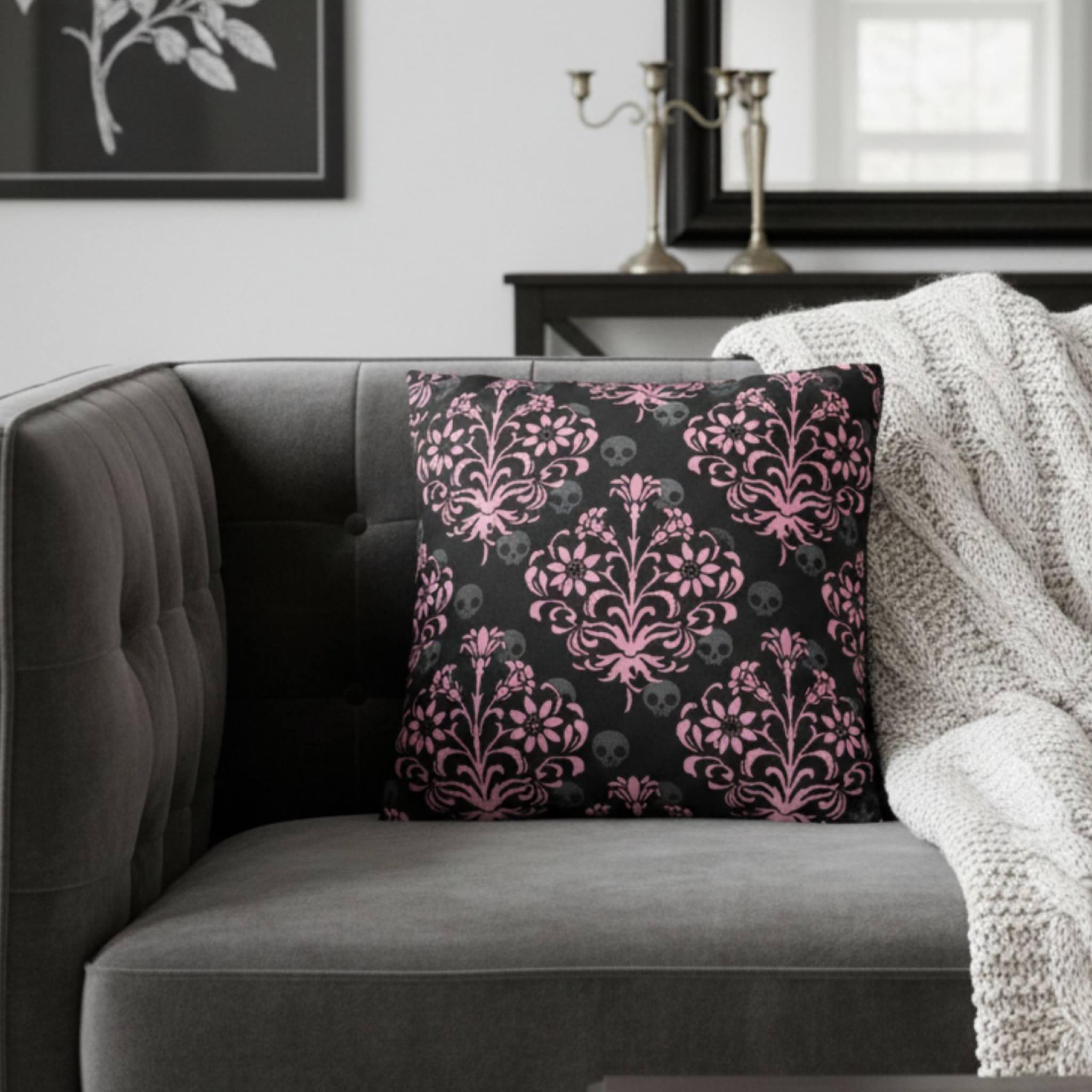 Victorian Gothic pillow cover styled with dark chair and moody home accents