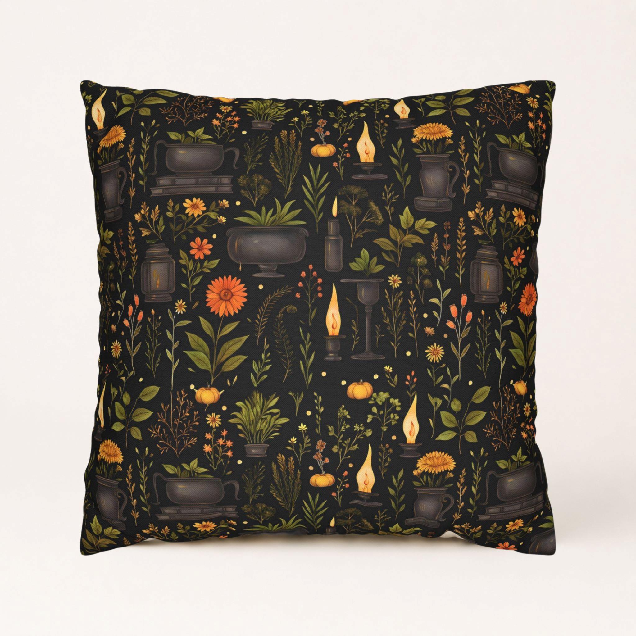 Apothecary Herb pillow cover with cauldrons, candles, herbs, flowers, and pumpkins.