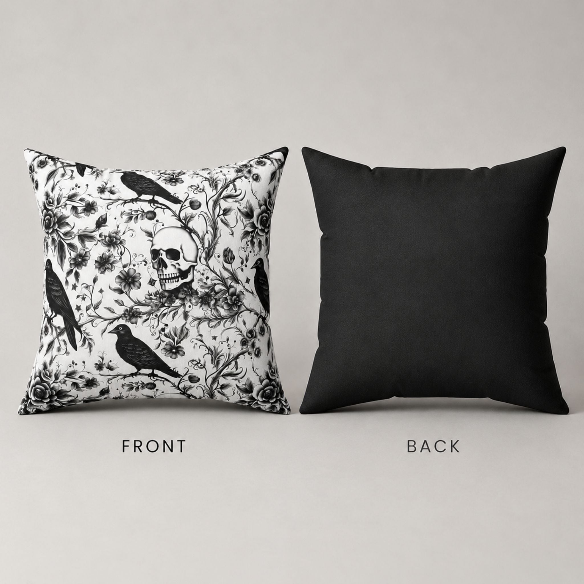 Front and back view of Gothic pillow cover with raven skull art and solid black back.