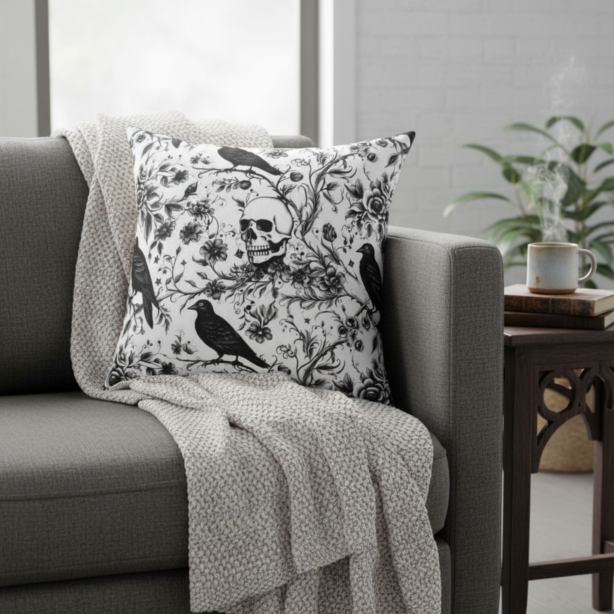 Black and white pillow cover with a raven and skull design, sitting on a gray couch in a modern living room.