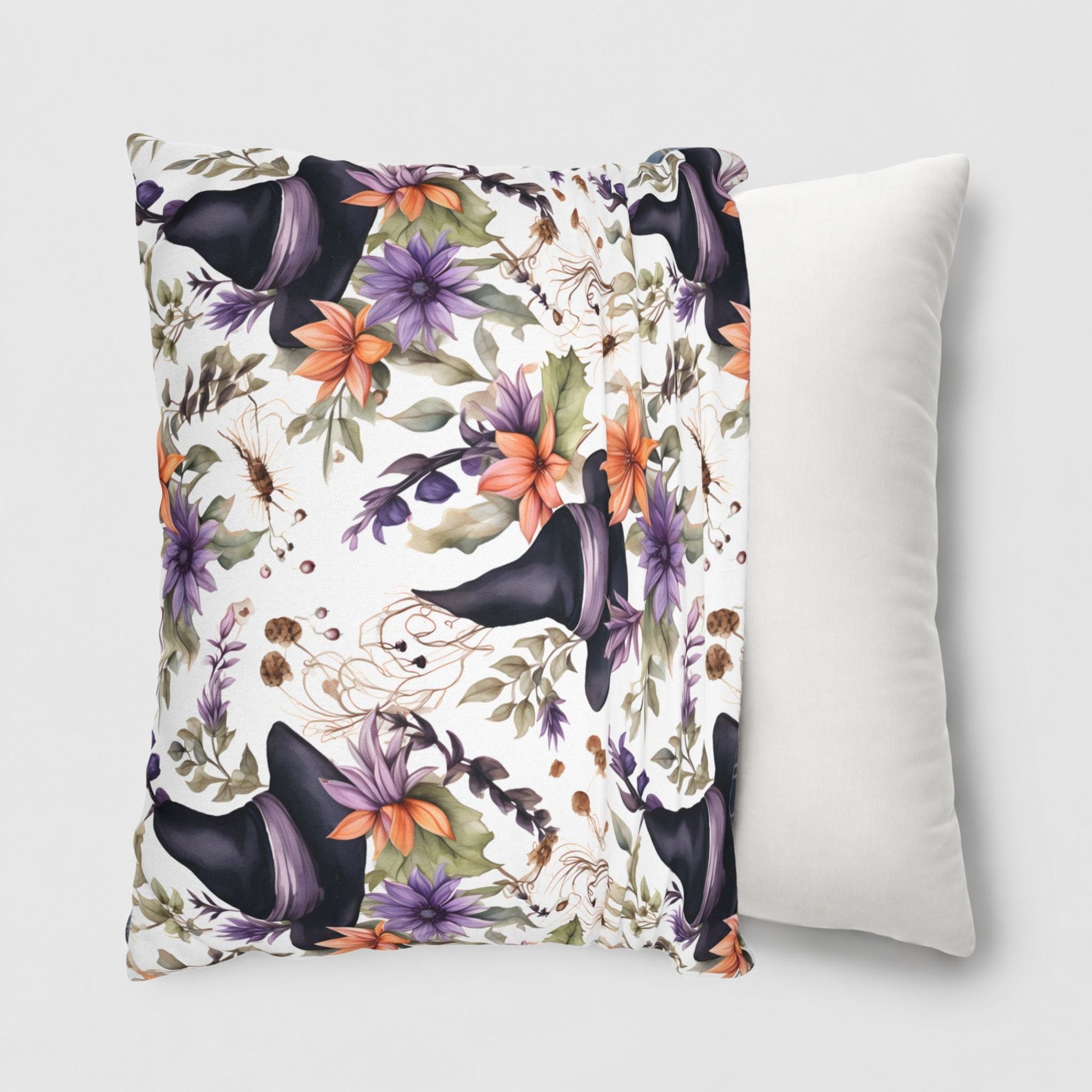 Witch hat Halloween pillow cover being slid onto a throw pillow.