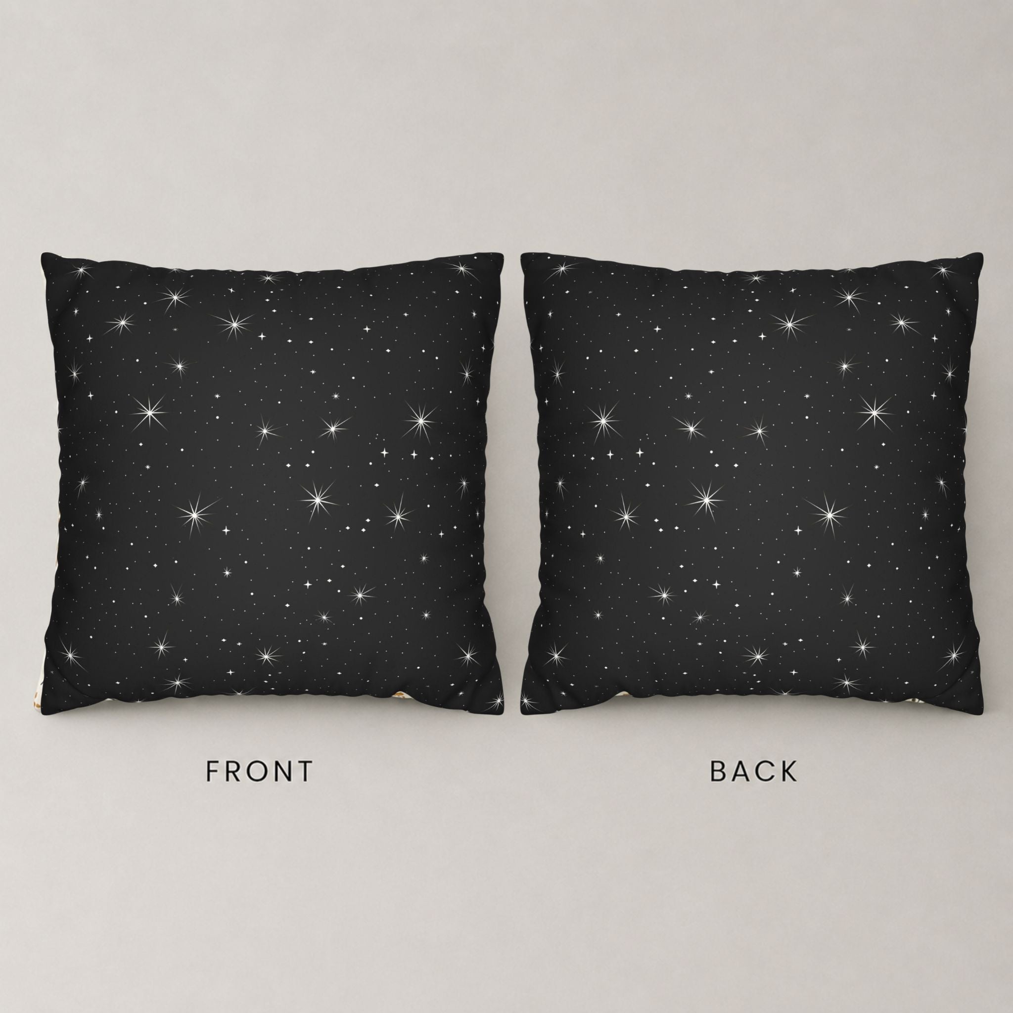 Front and back view of black and white pillow cover with a starry celestial design.