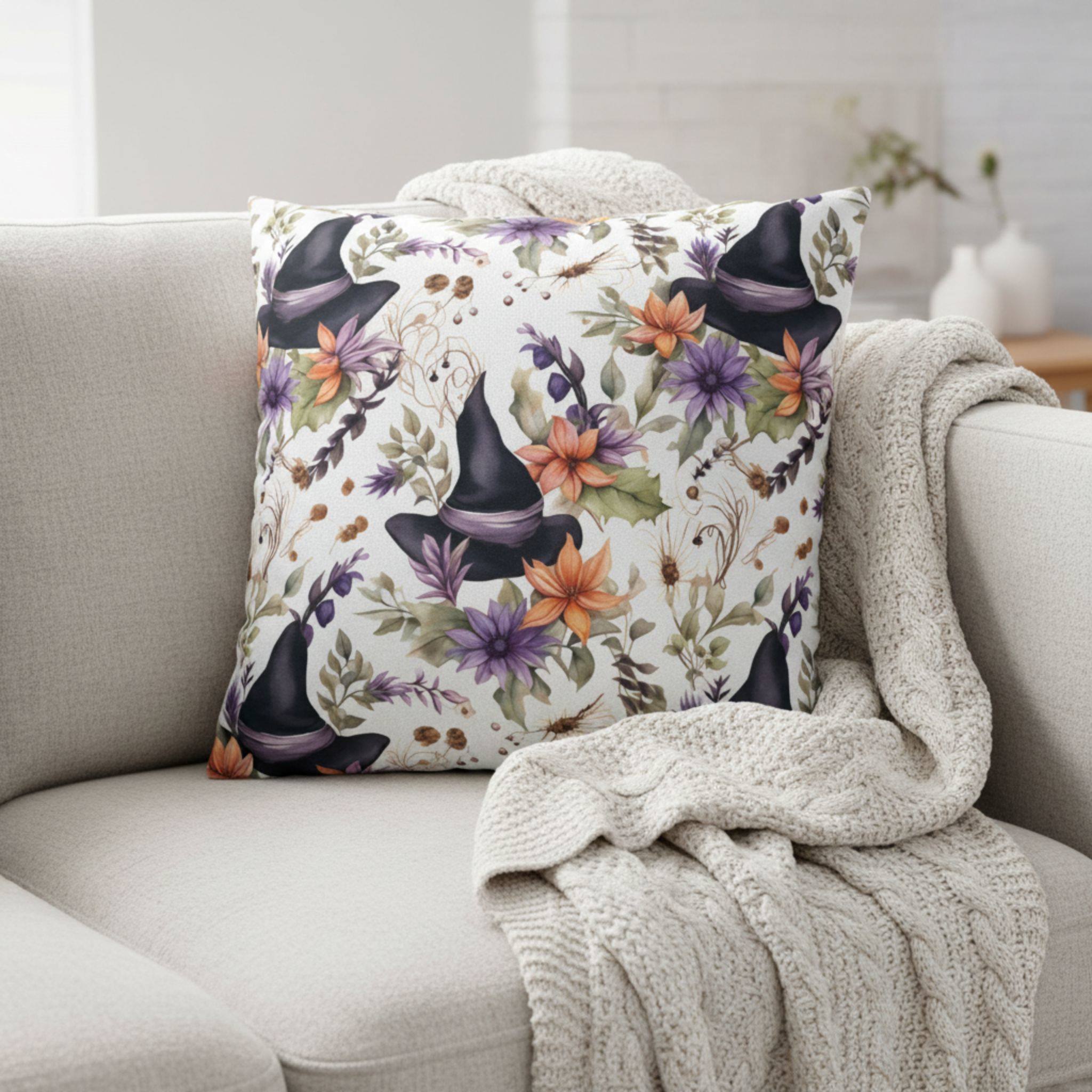 Whimsigoth Halloween pillow cover styled with neutral sofa and cream throw blanket.