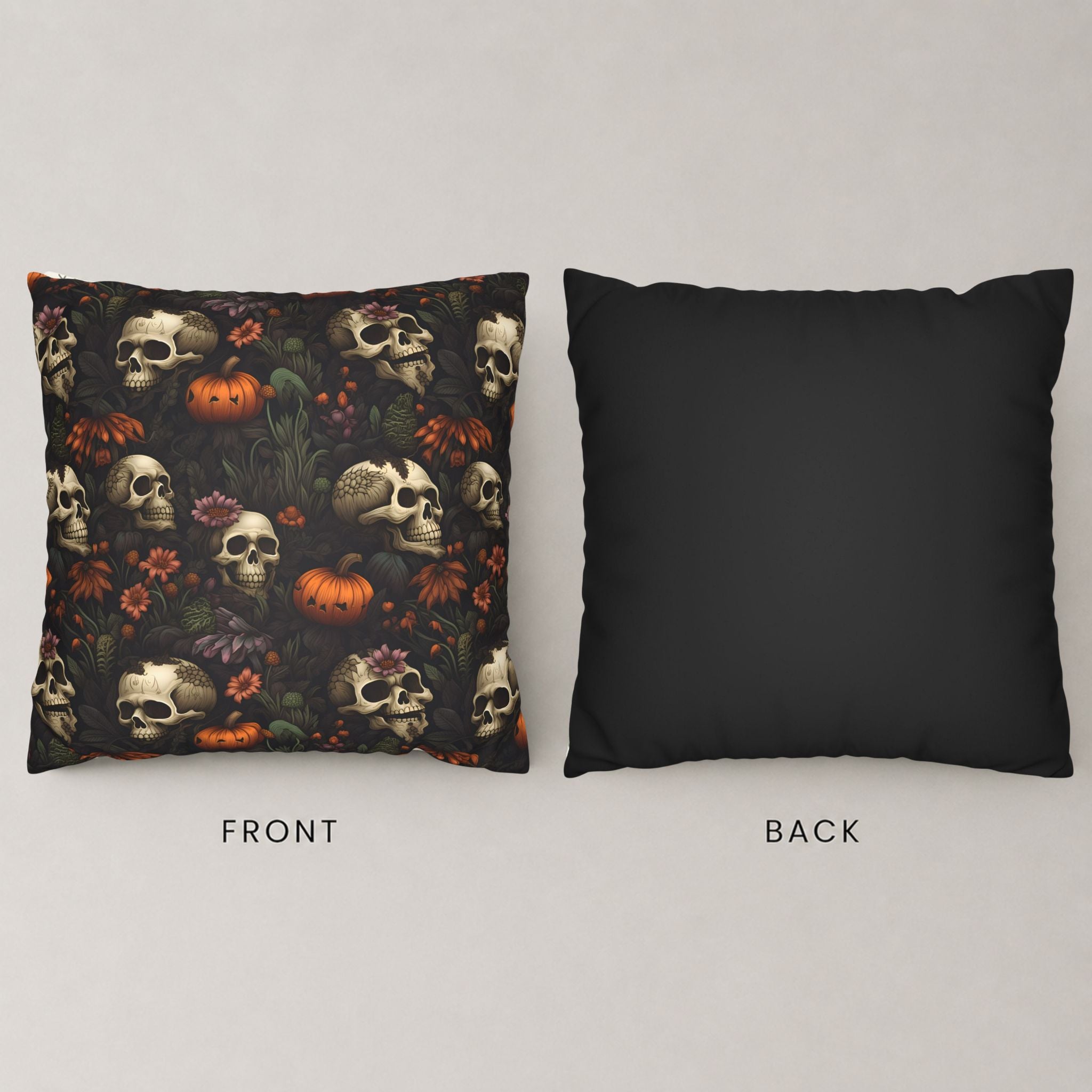 Skull pumpkin pillow cover front view and backside in solid black.