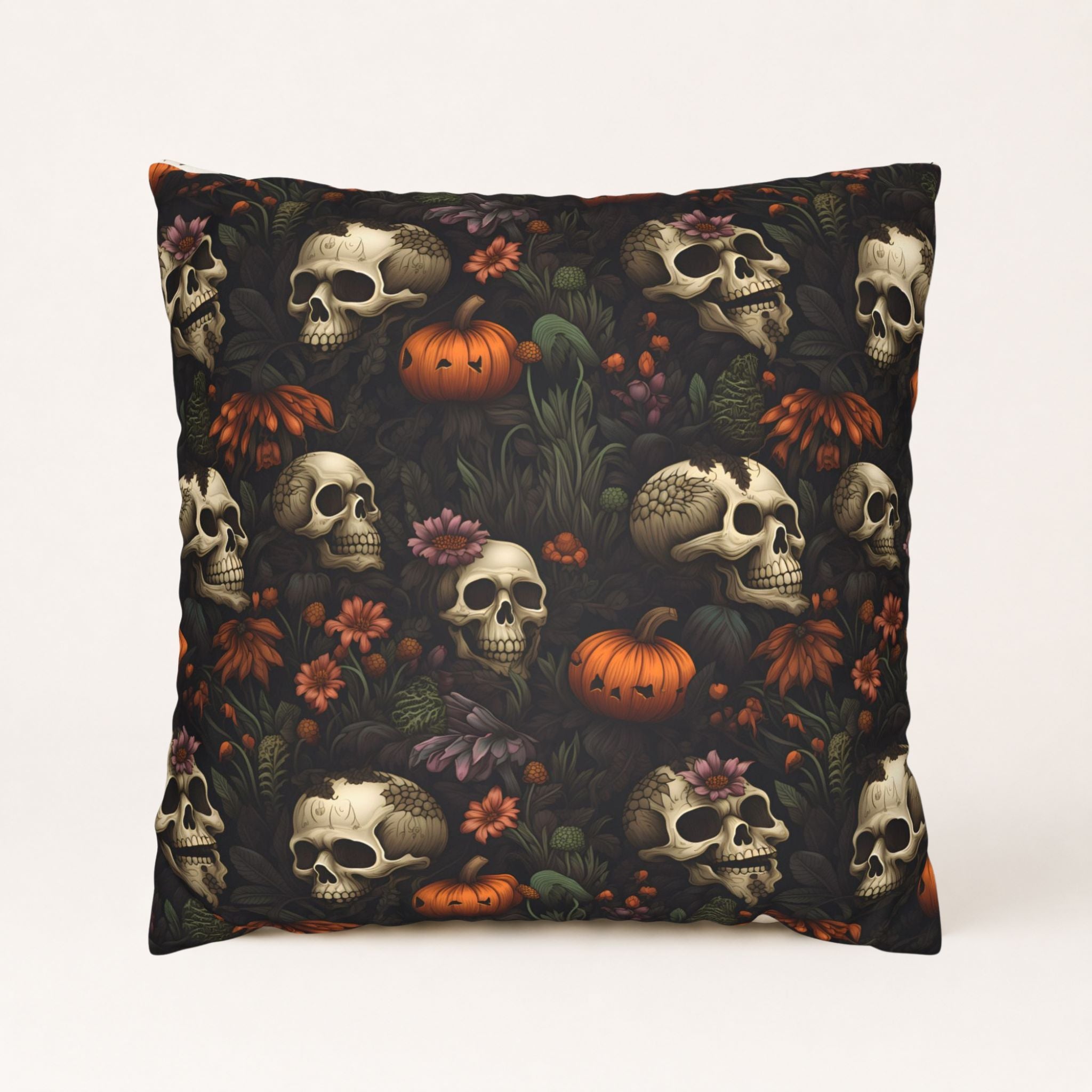 Gothic Halloween pillow cover with skulls, pumpkins, and moody floral pattern.