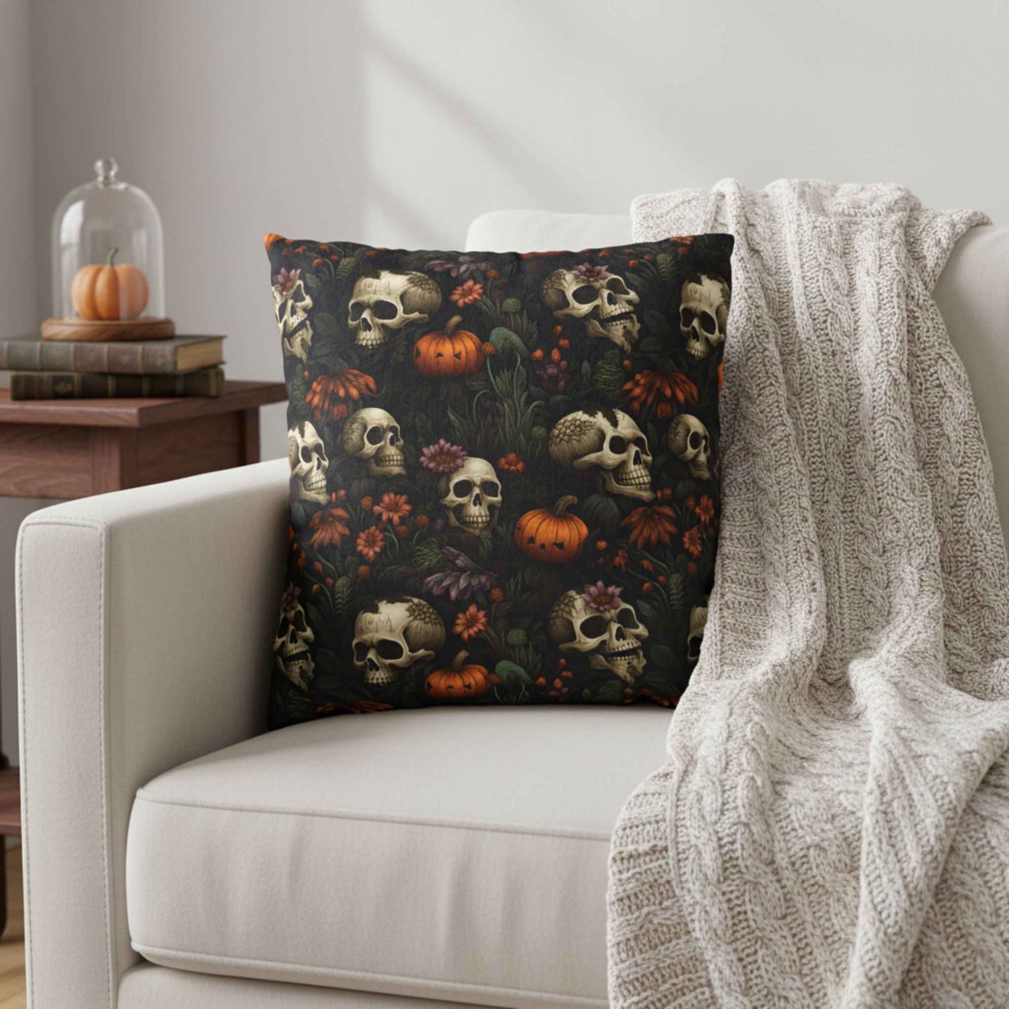 Gothic Halloween pillow cover styled with neutral chair, blanket, and candle decor