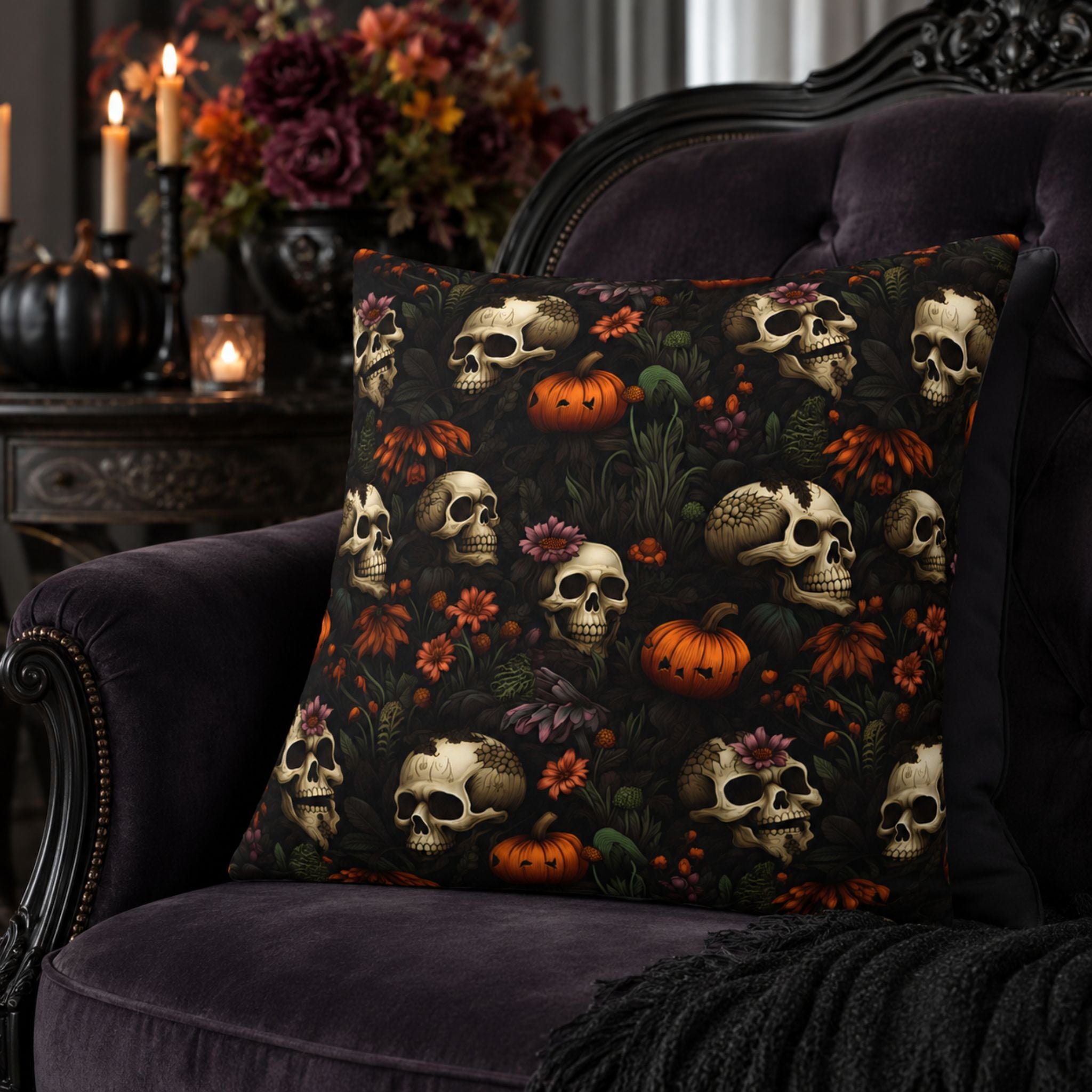 Gothic Halloween pillow cover styled with candles, pumpkins, and moody florals