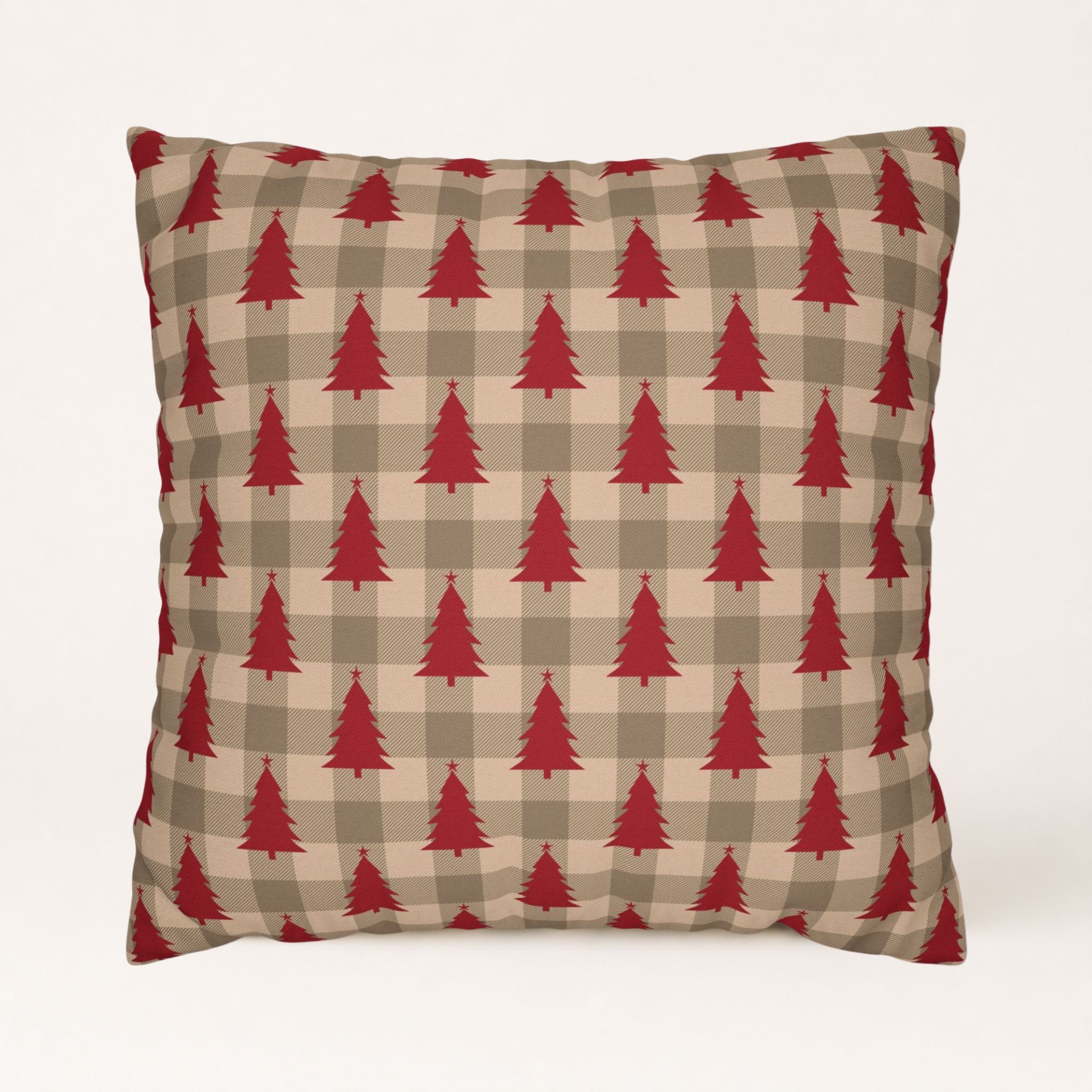 Christmas cottage pillow cover with red fir trees in a holiday taupe plaid pattern