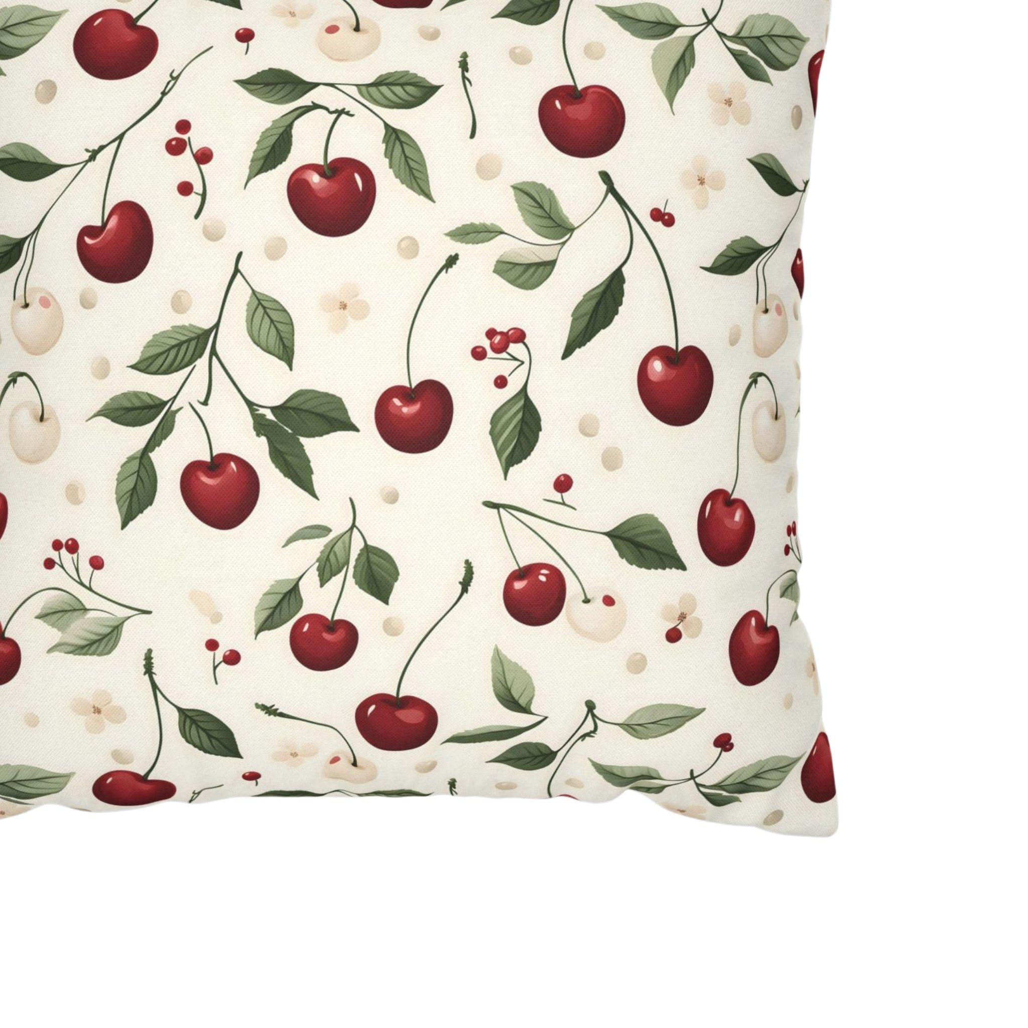 A close-up of a cherry pattern on a brushed polyester pillow cover.