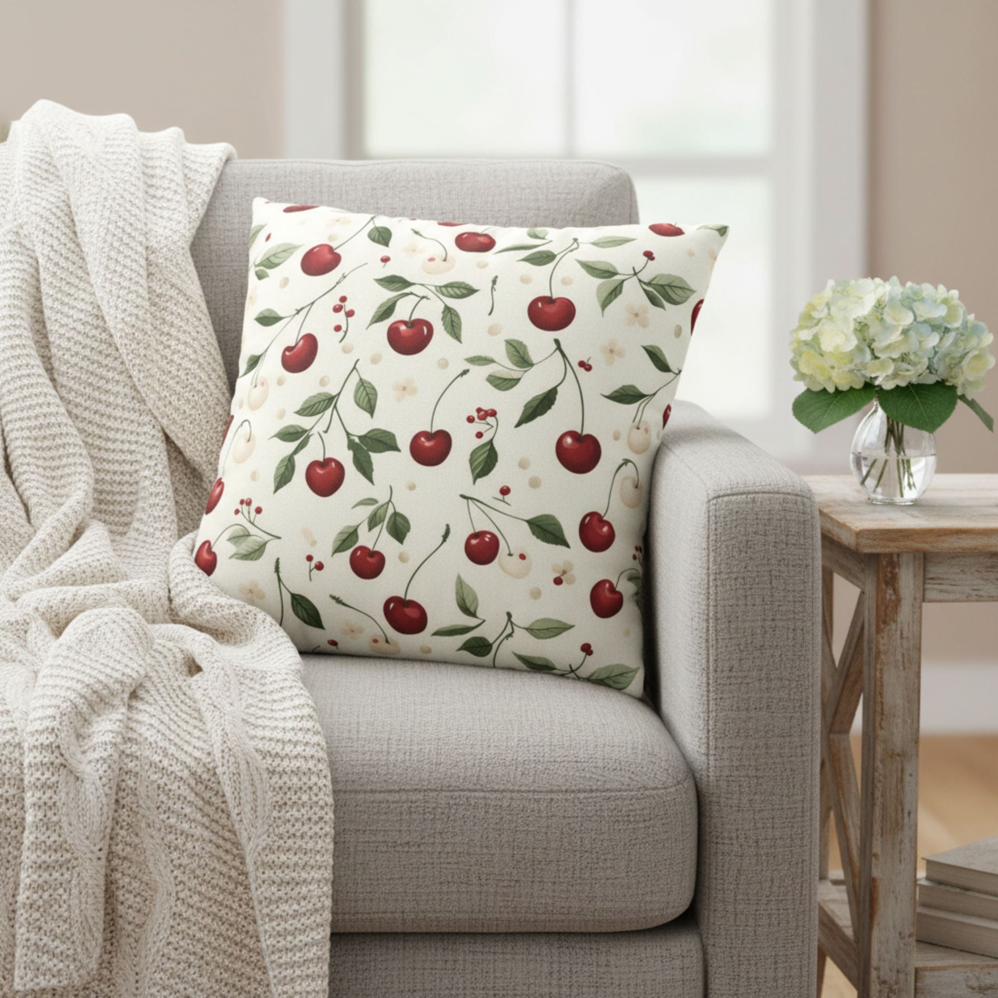 A gray couch with a cherry styled pillow next to a white throw blanket.