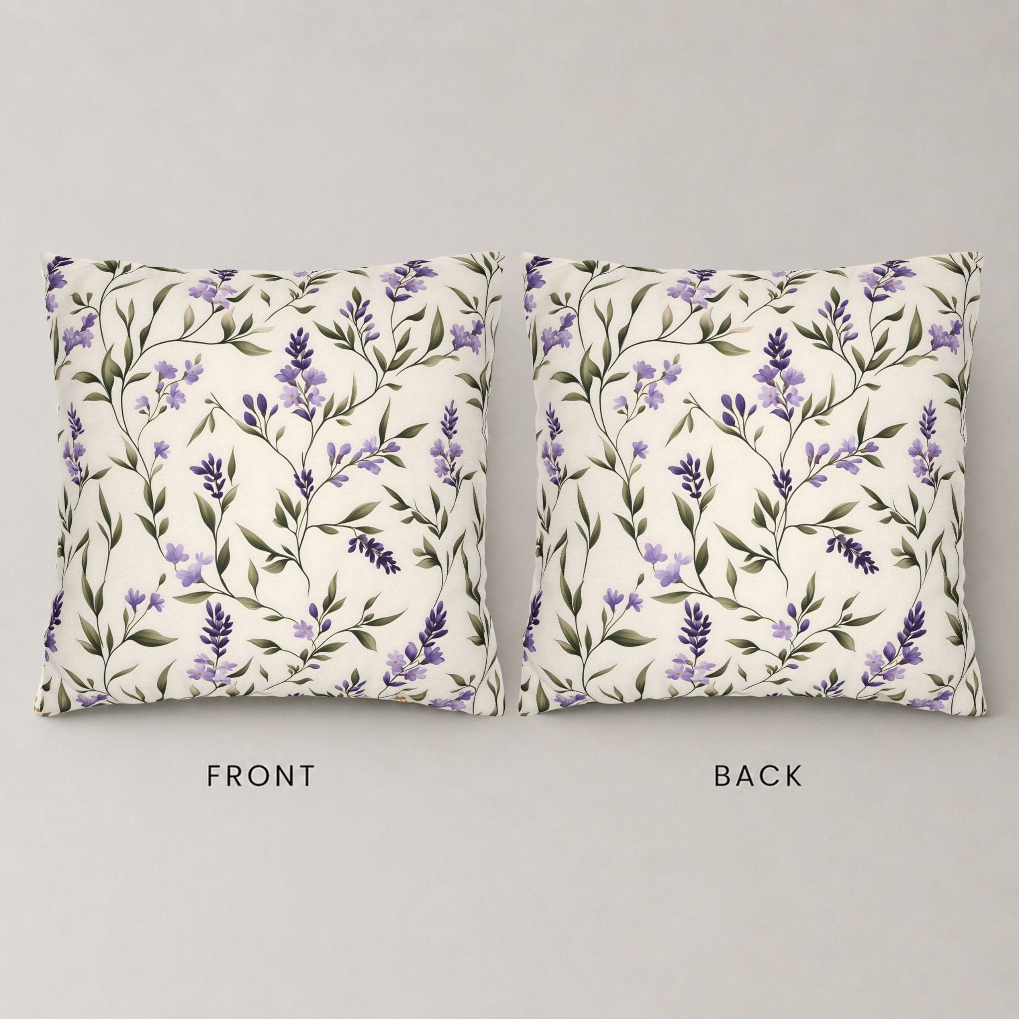 Front and back view of a lavender throw pillow cover in purple, green and cream.