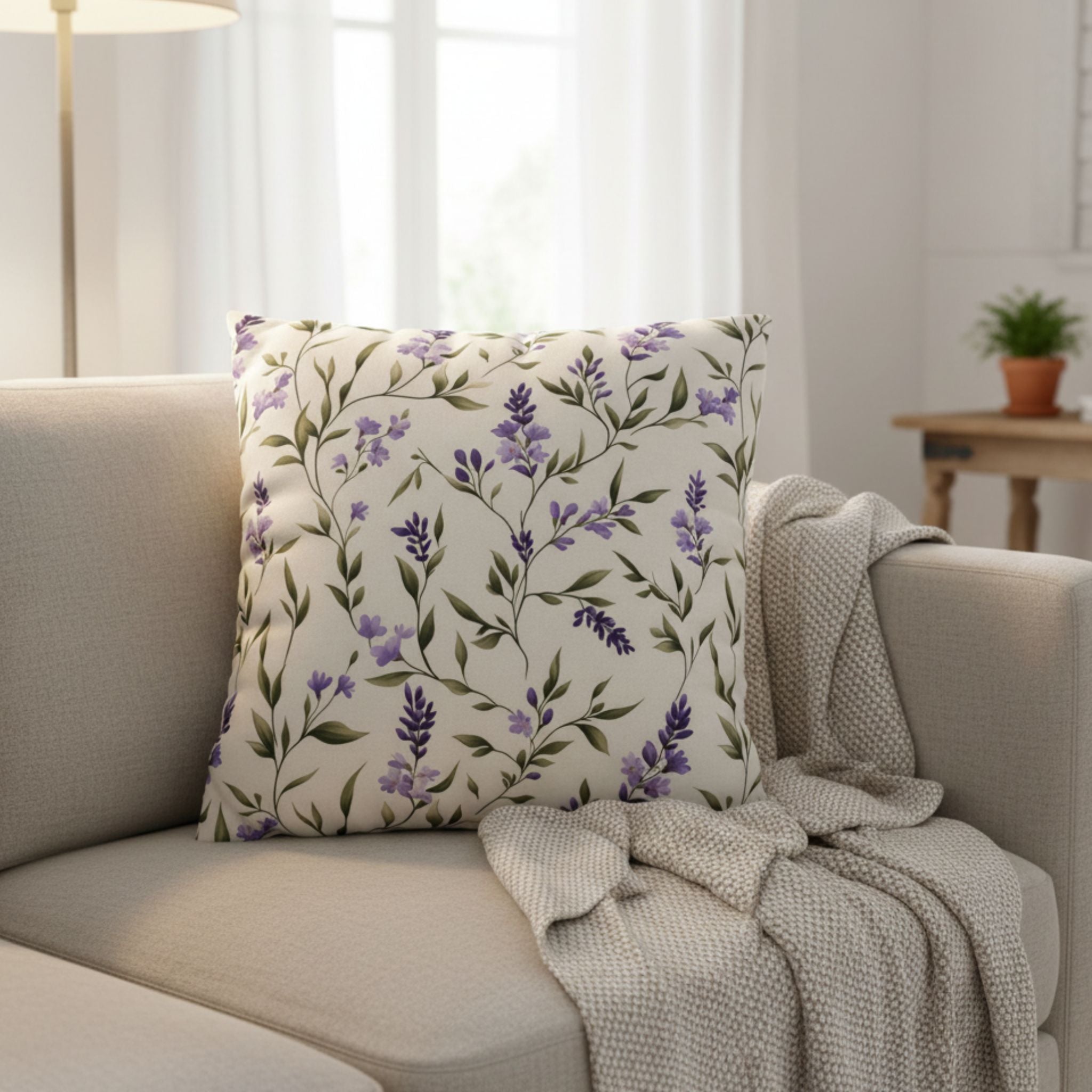 Throw pillow or pillow cover with a lavender sprig pattern in cream, green and purple.