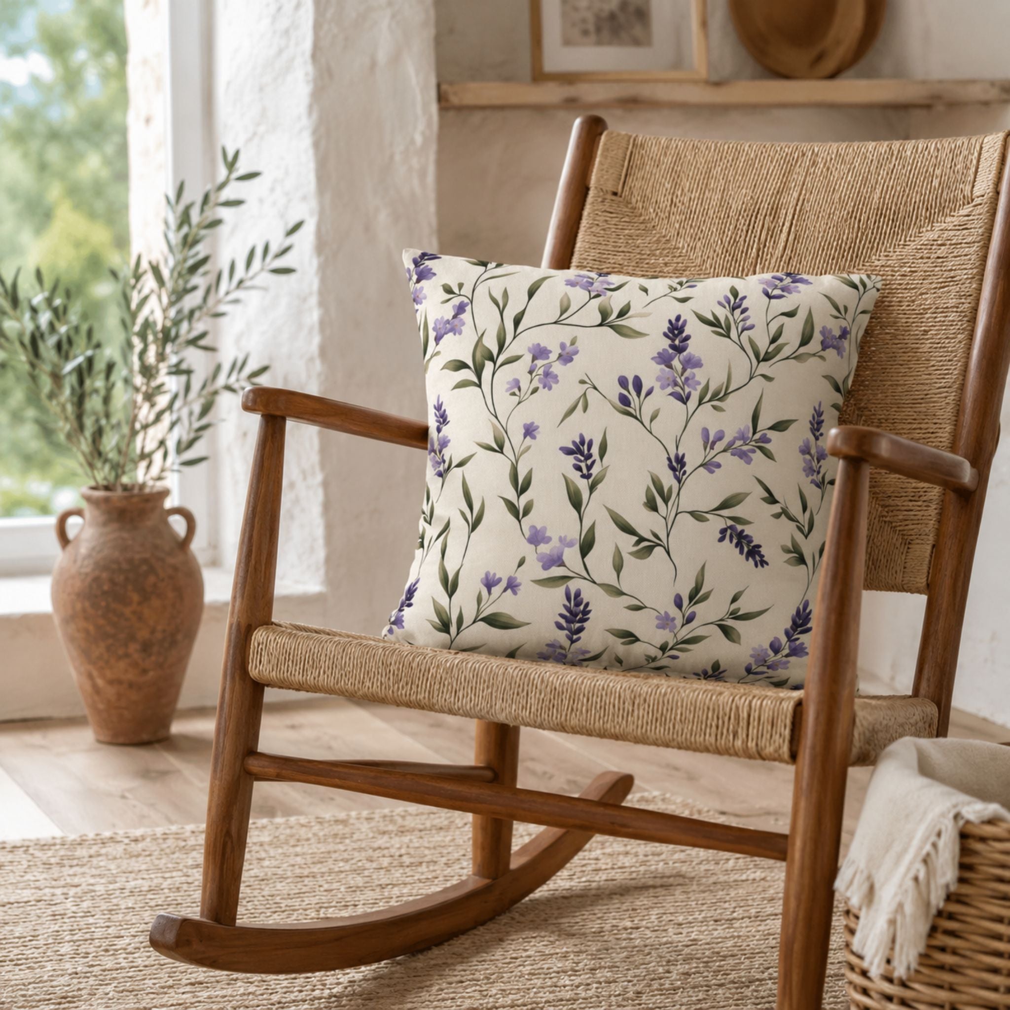 A lavender throw pillow on a wooden rocking chair for a coastal home style.