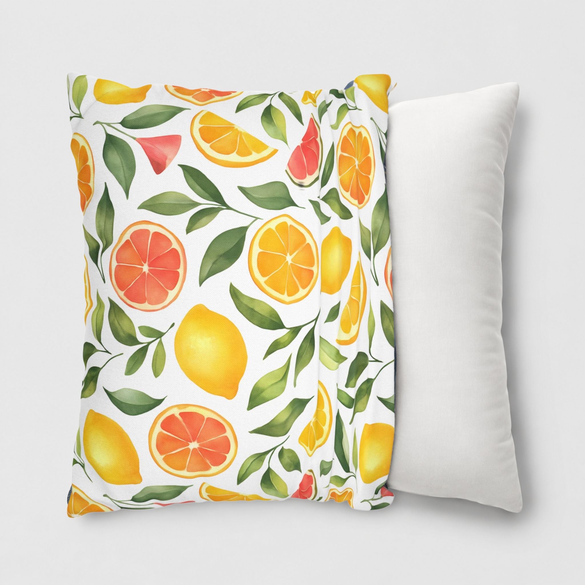 Citrus grove pillow cover being slipped onto a 20 inch throw pillow.