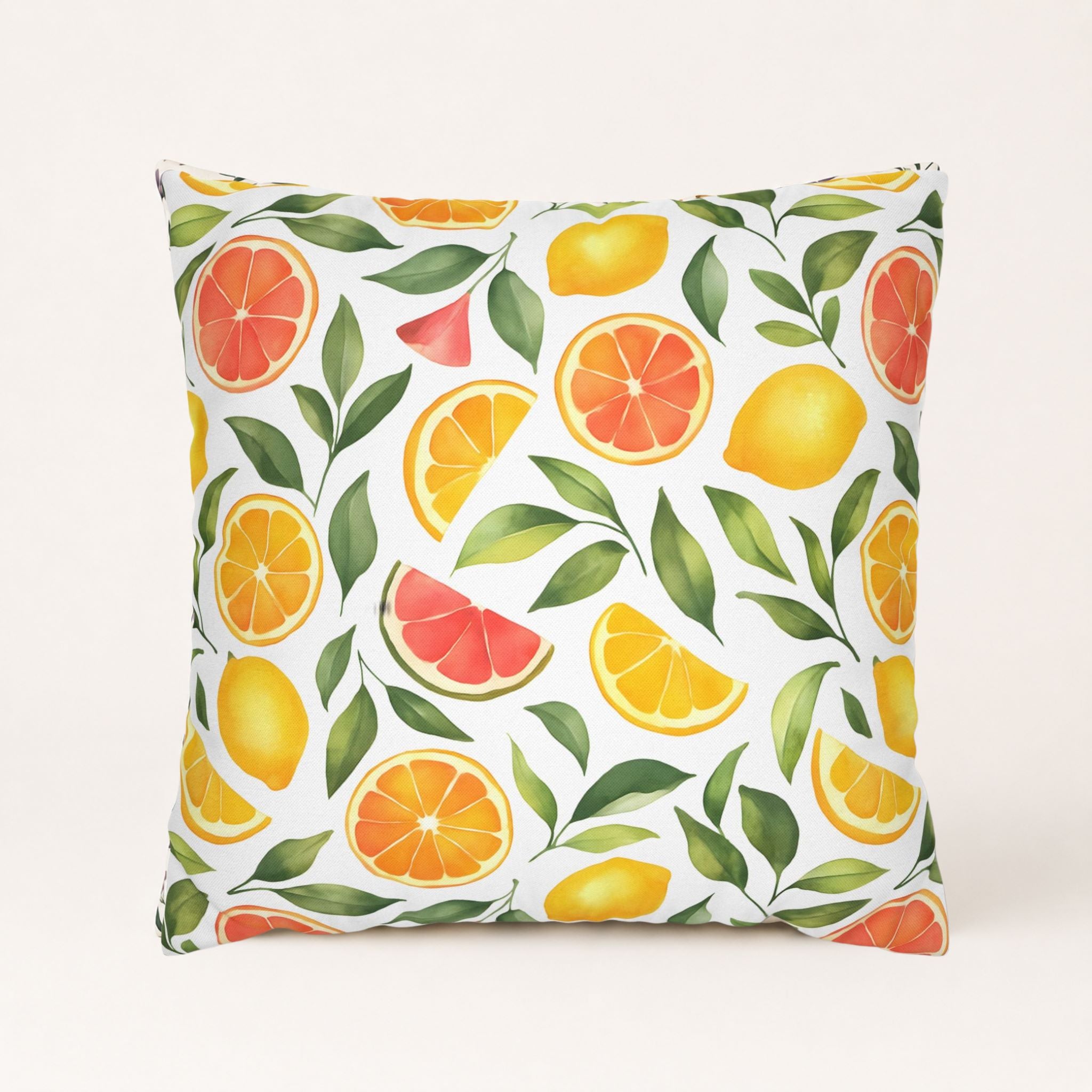 Lemon and pink grapefruit pillow cover in a square shape.