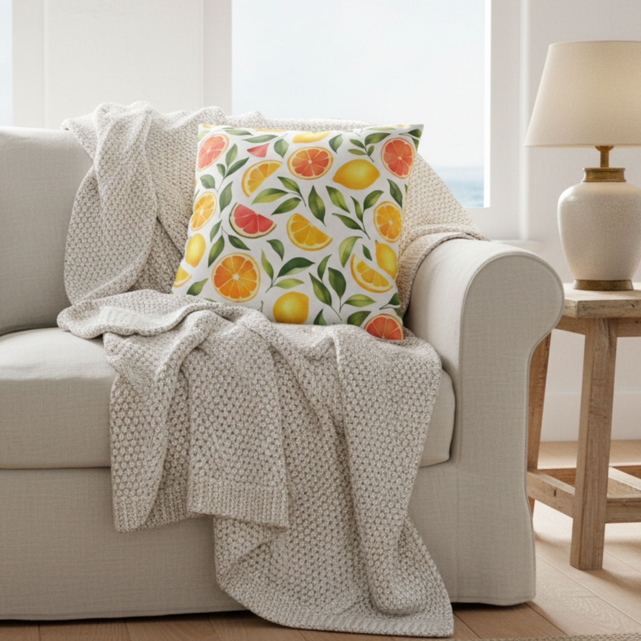 Beige armchair with a blanket and a colorful pillow with a fruit pattern in a coastal living room.
