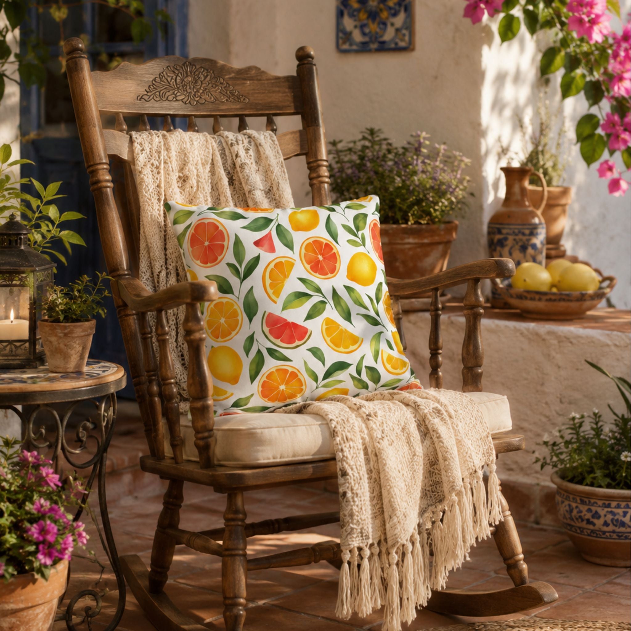 Fruit throw pillow on a wooden rocking chair in a Mediterranean coastal home.