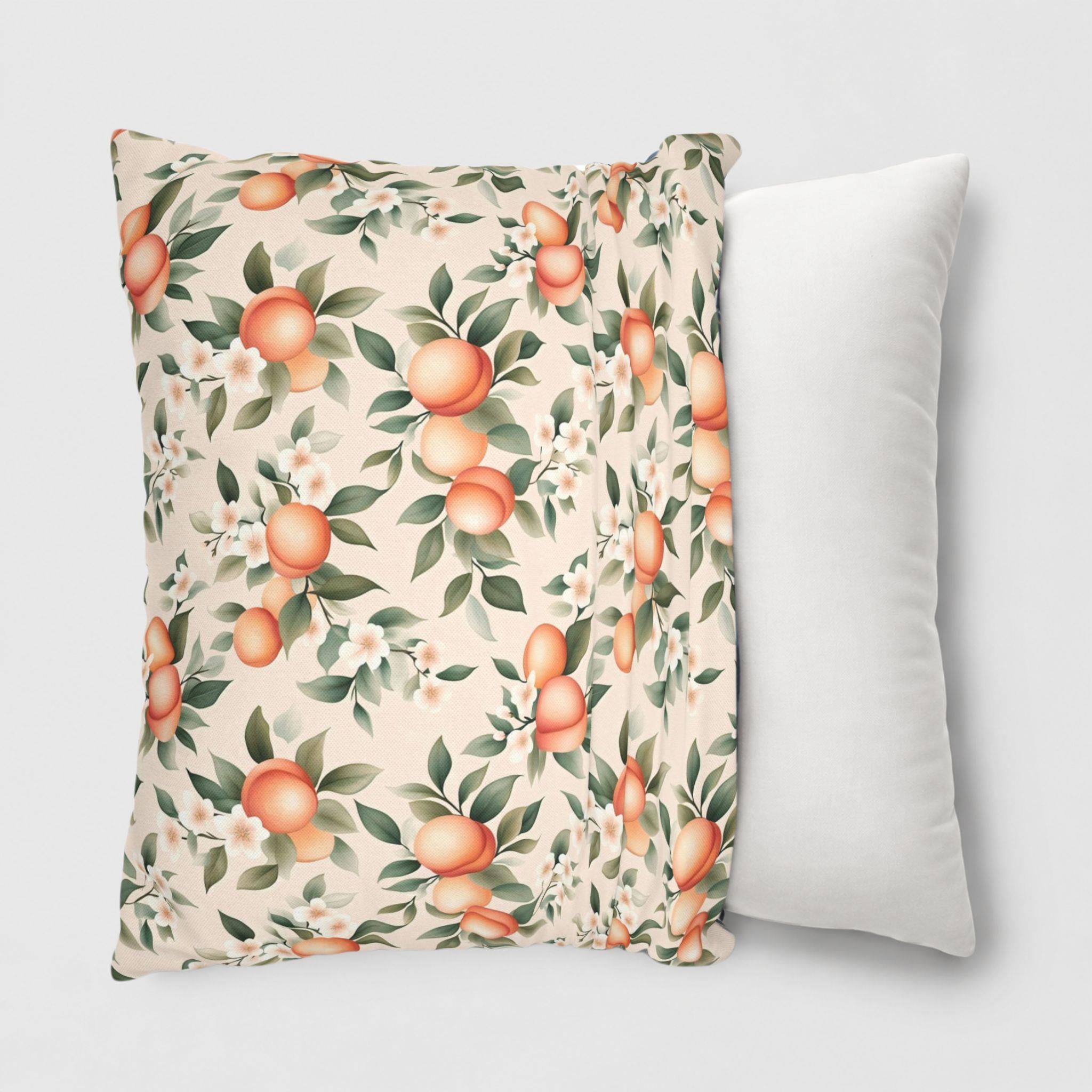 18 inch peach floral pillow cover with orchard fruit and white blossoms being slipped on a 20-inch throw pillow.
