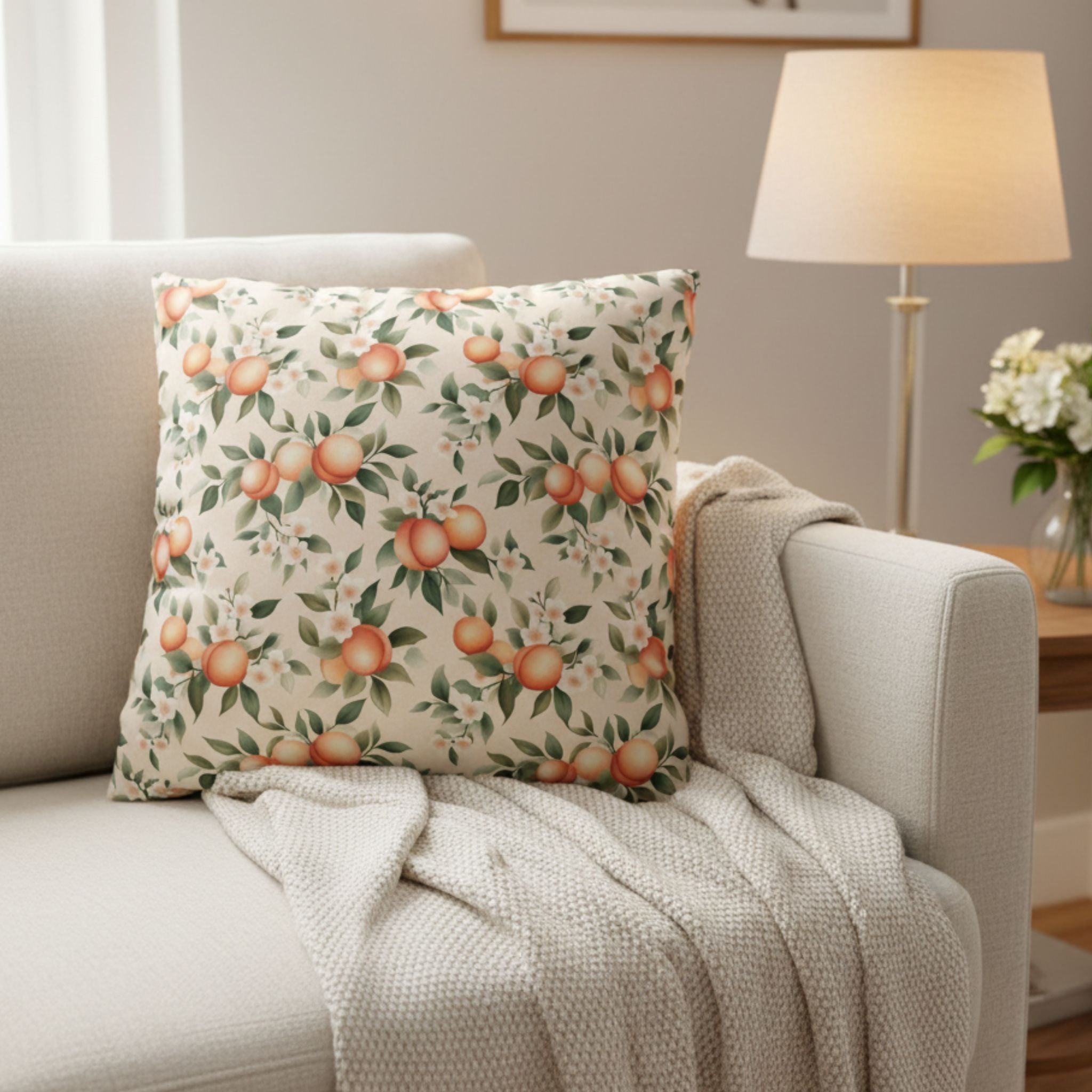 Peach orchard pillow cover with peach fruit, white blossoms, and green leaves on cream couch.