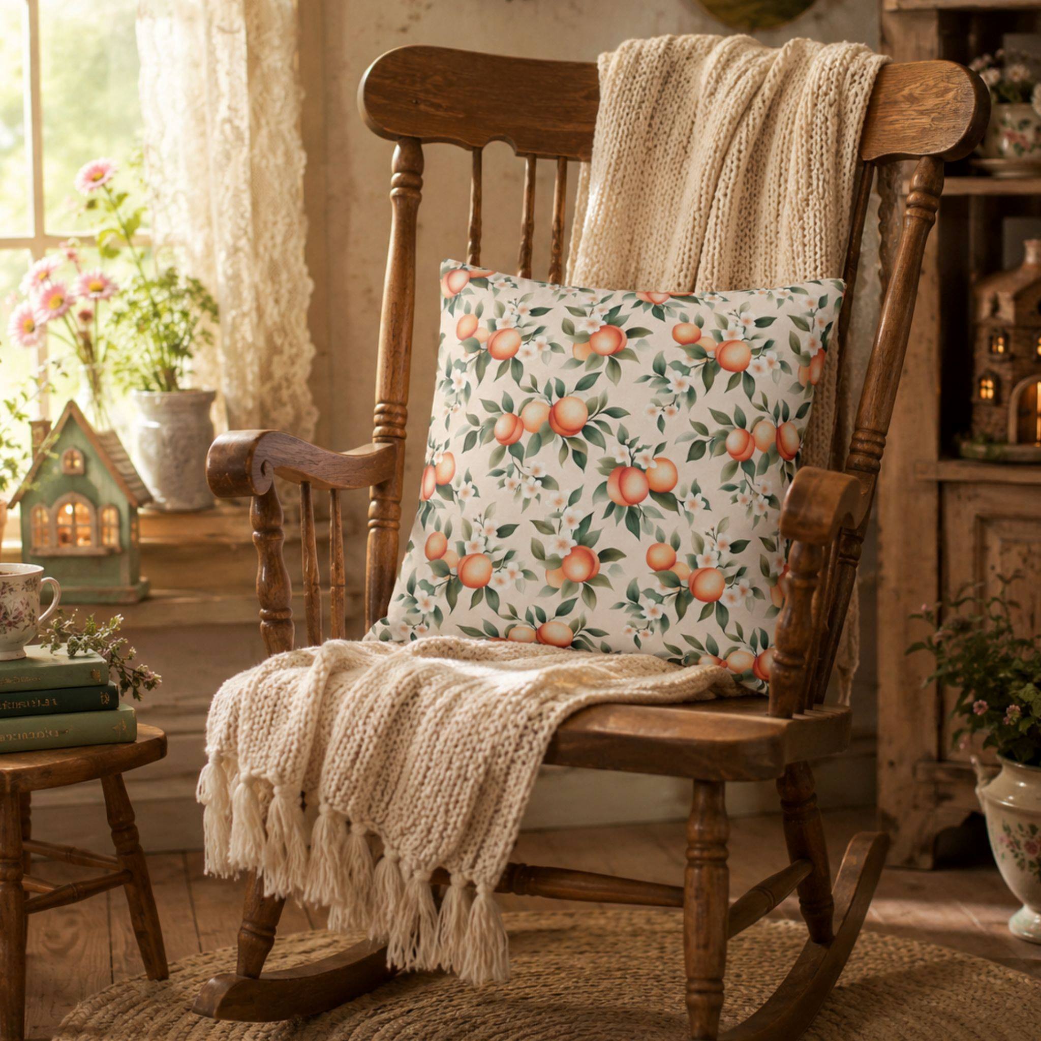 Peach floral pillow cover with orchard fruit and white blossoms sitting on a wooden rocking chair for cottage decor