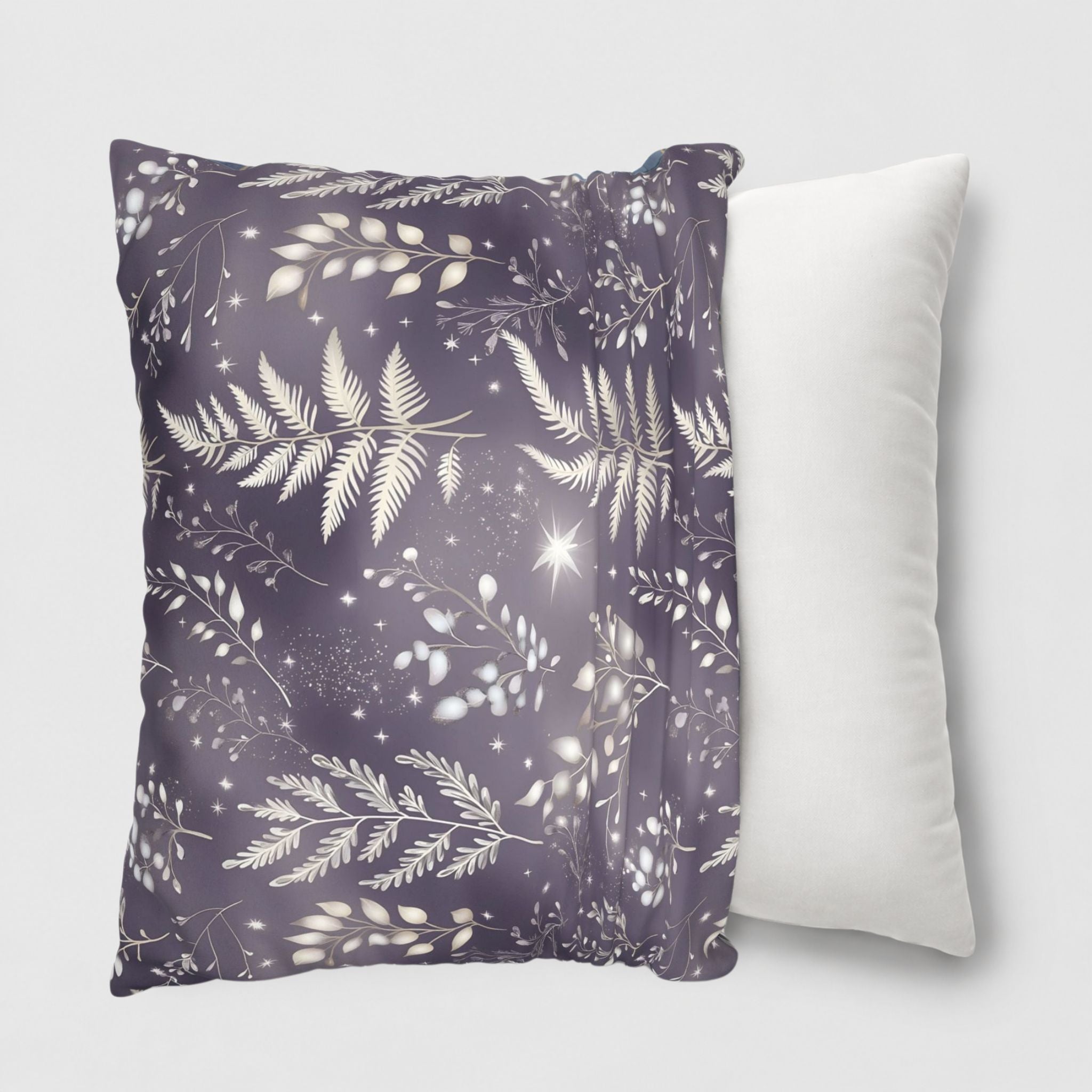 An 18-inch fern leaf pillow cover being slid onto a 20-inch throw pillow.