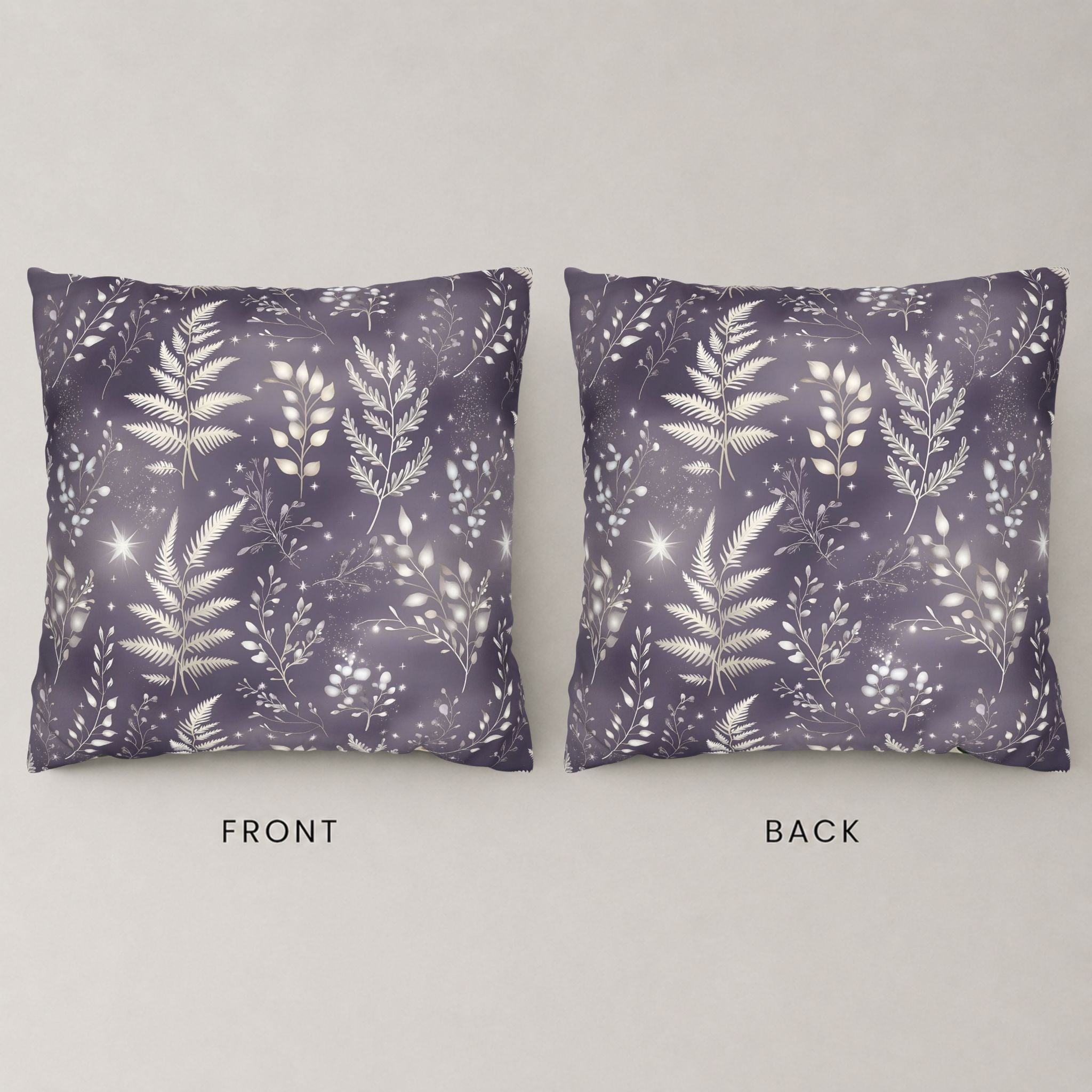 Front and backside of a premium matte polyester pillow cover design in purple and white.