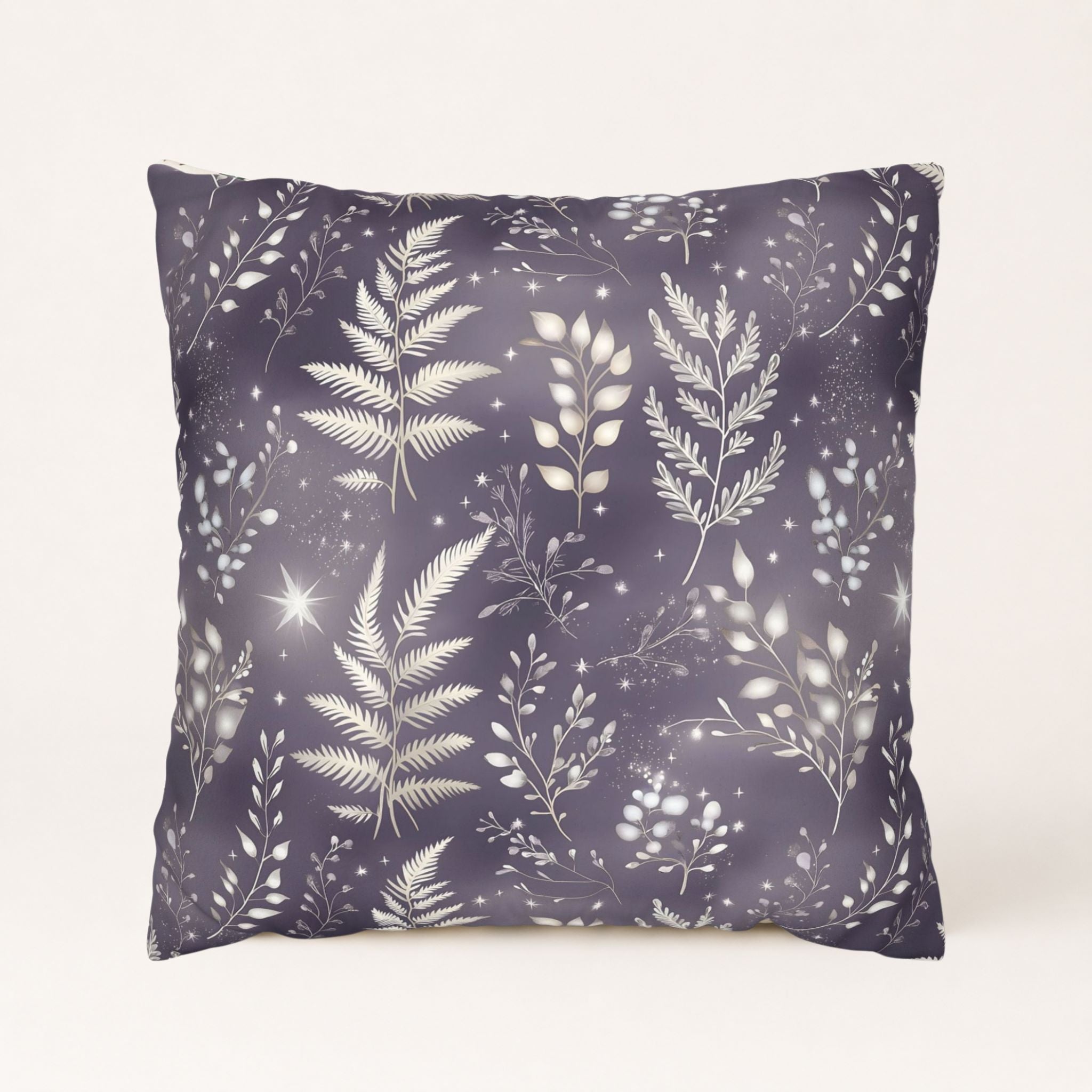 Violet and white polyester pillow cover featuring fern leaves.