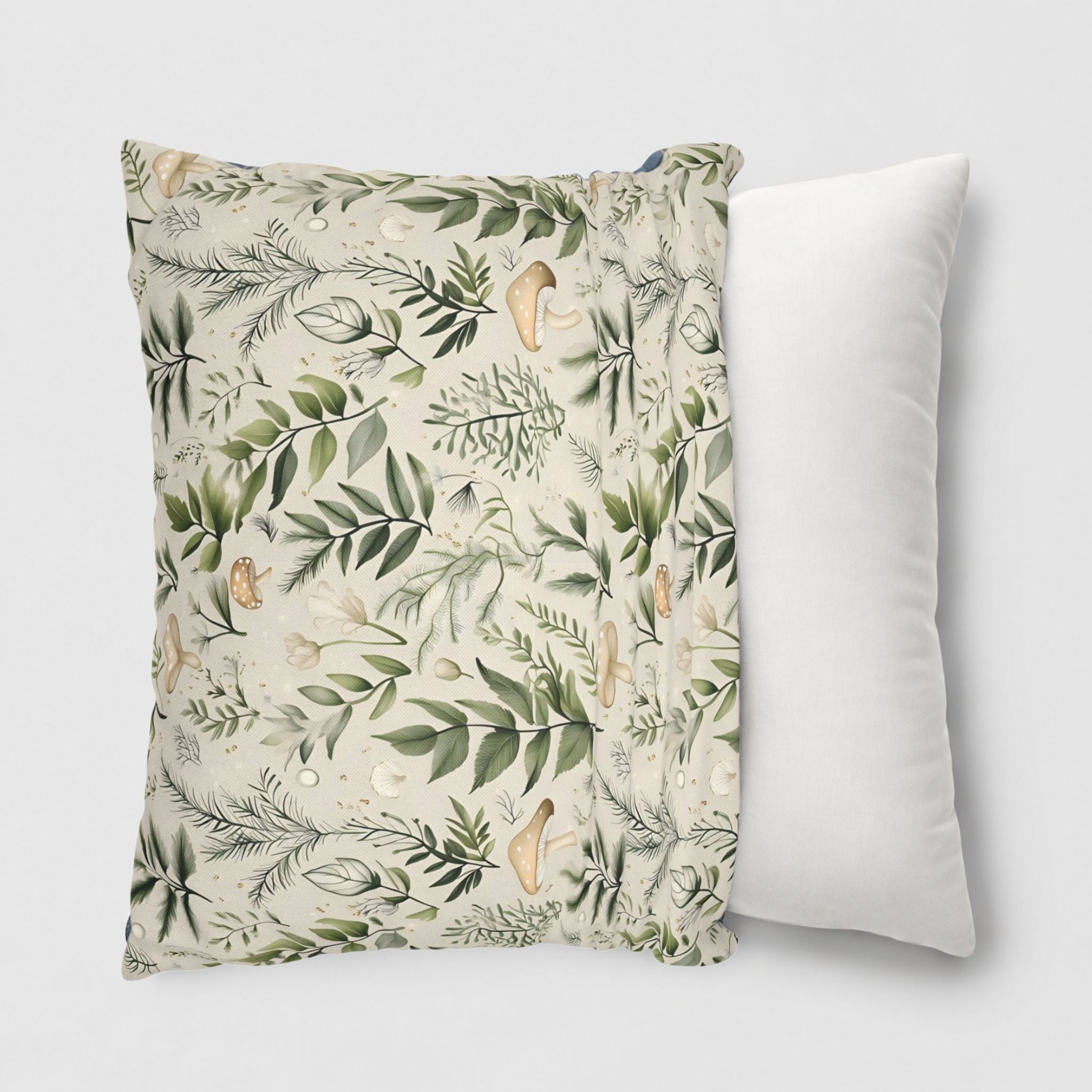 Pillow insert being placed into a mushroom and leaf pillow cover for choosing a fuller throw pillow look