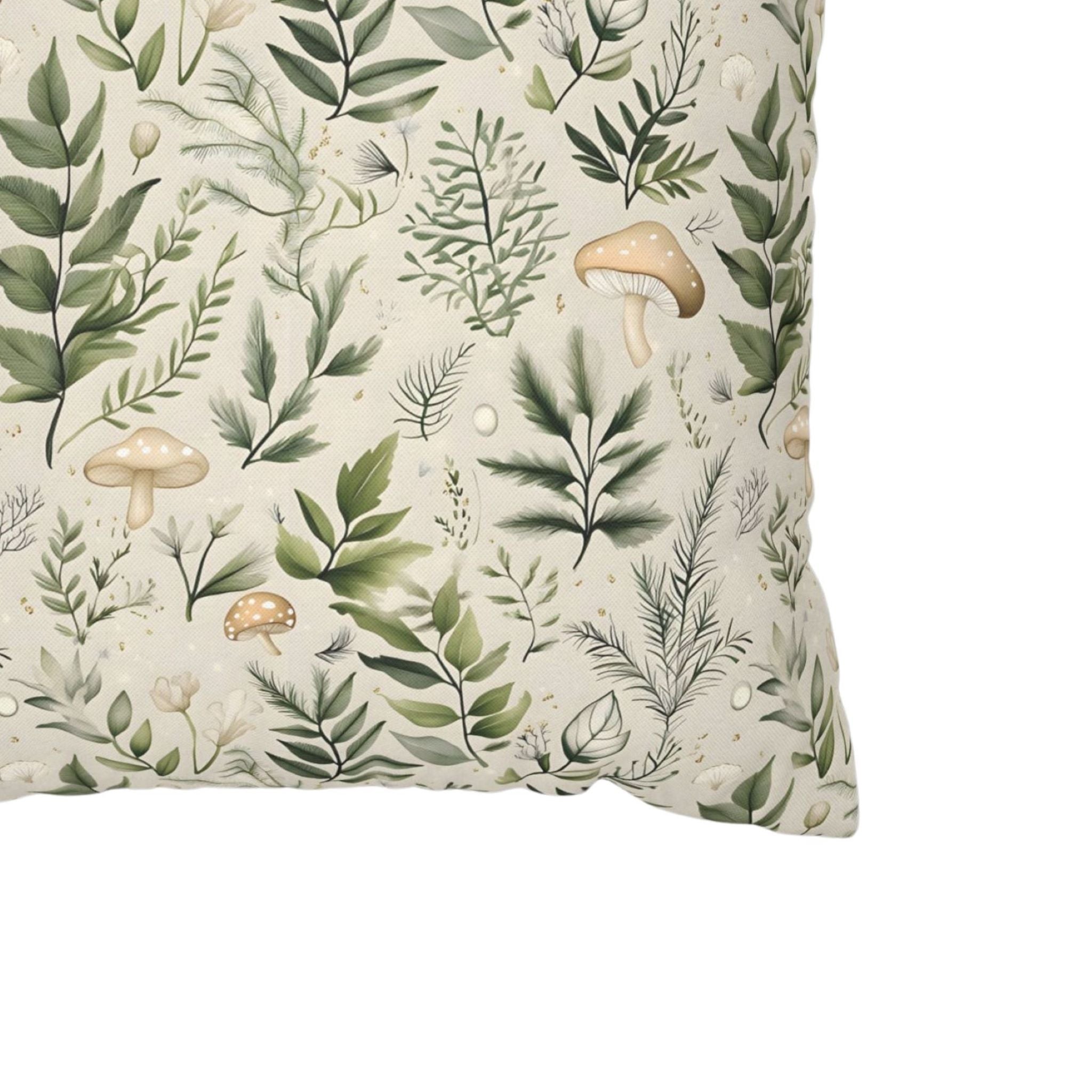 Close-up of sage fern, cream mushroom, and woodland botanical pillow cover pattern.