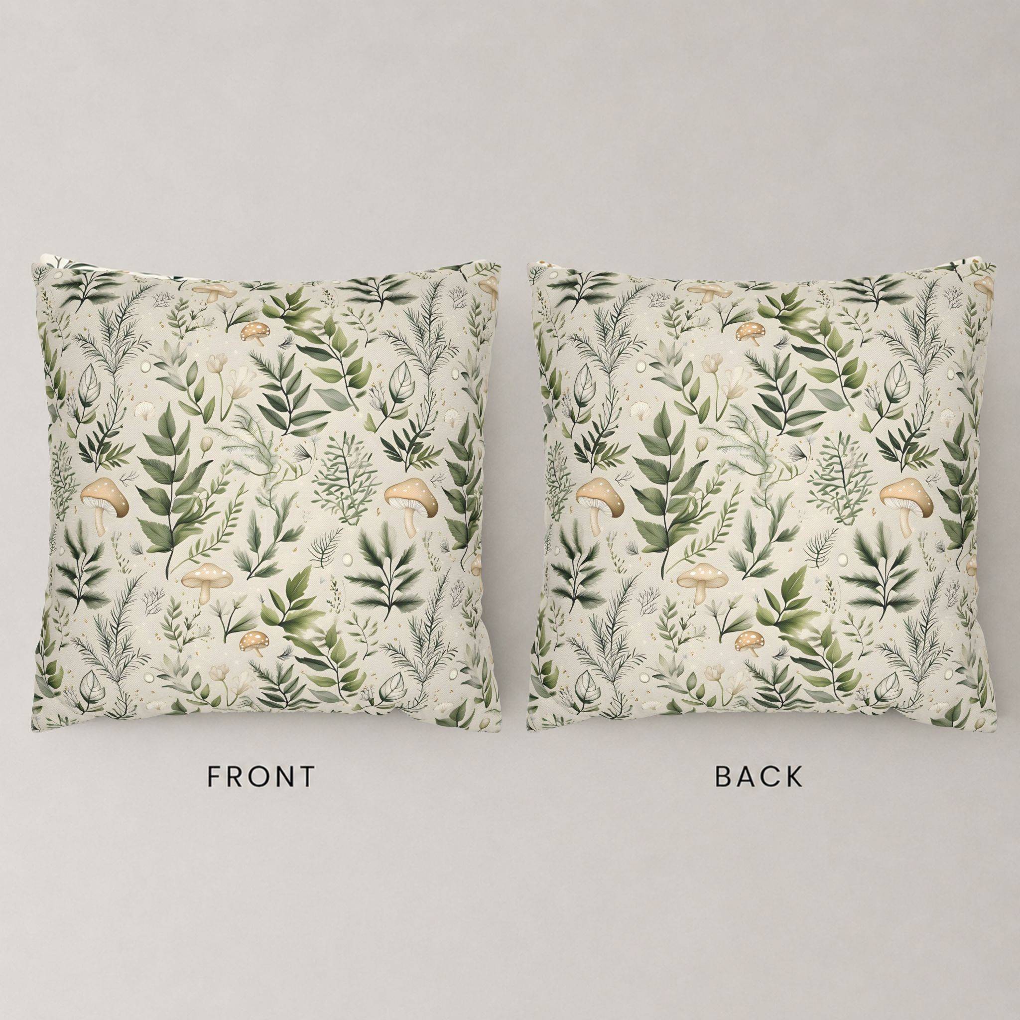 Front and back view of mushroom fern pillow cover on white bedding