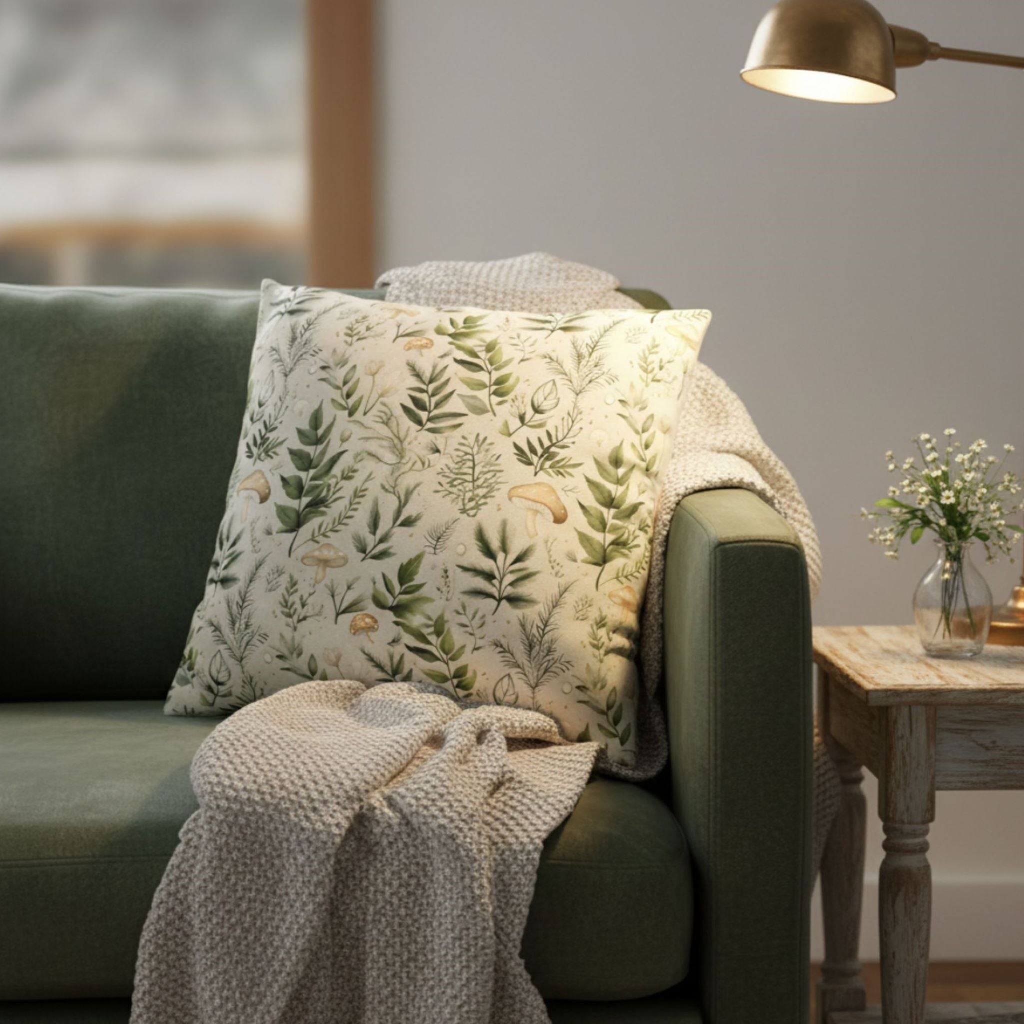 Mushroom fern pillow cover styled on green sofa with a cozy throw blanket