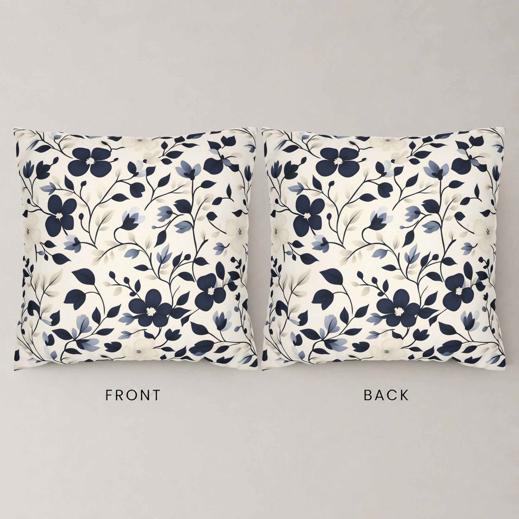 Navy floral pillow cover front and back view for a grandmillenial look.