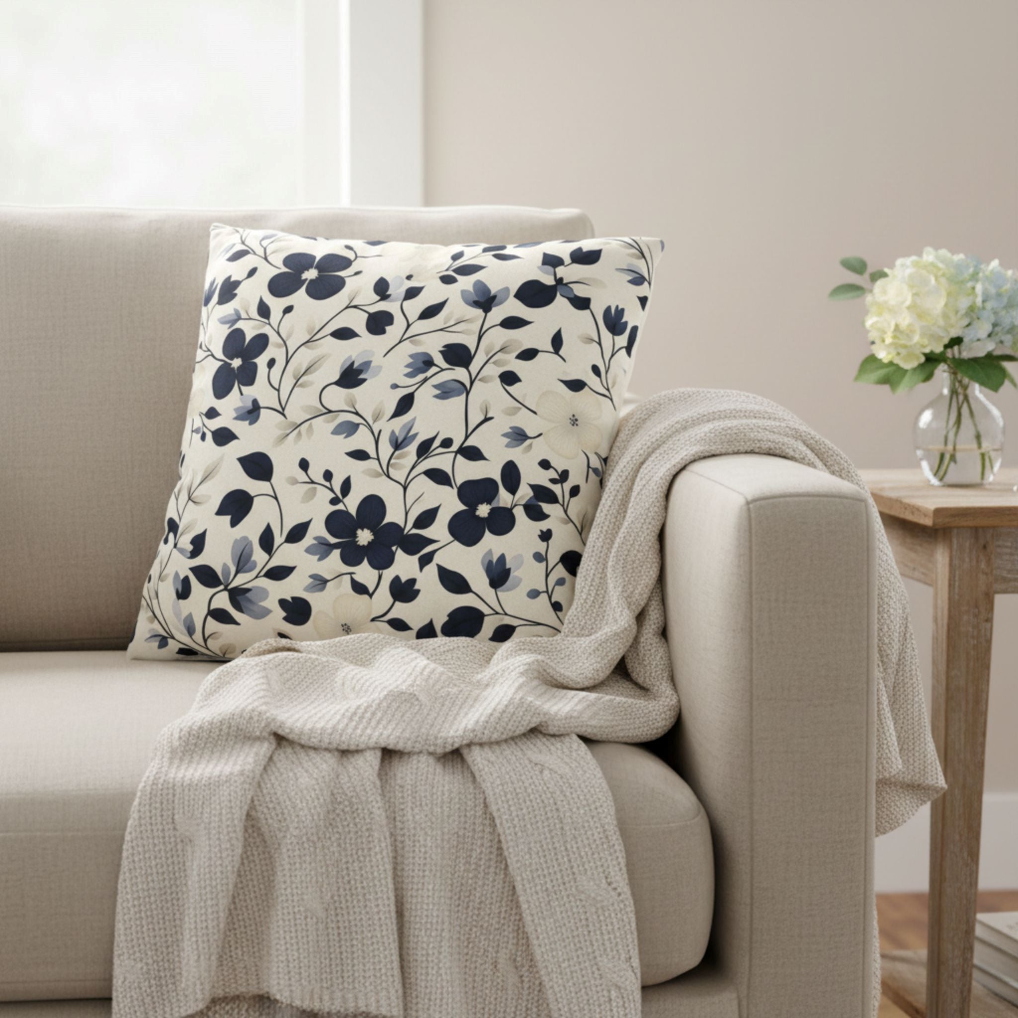 Navy floral pillow cover styled on cream chair with soft neutral throw