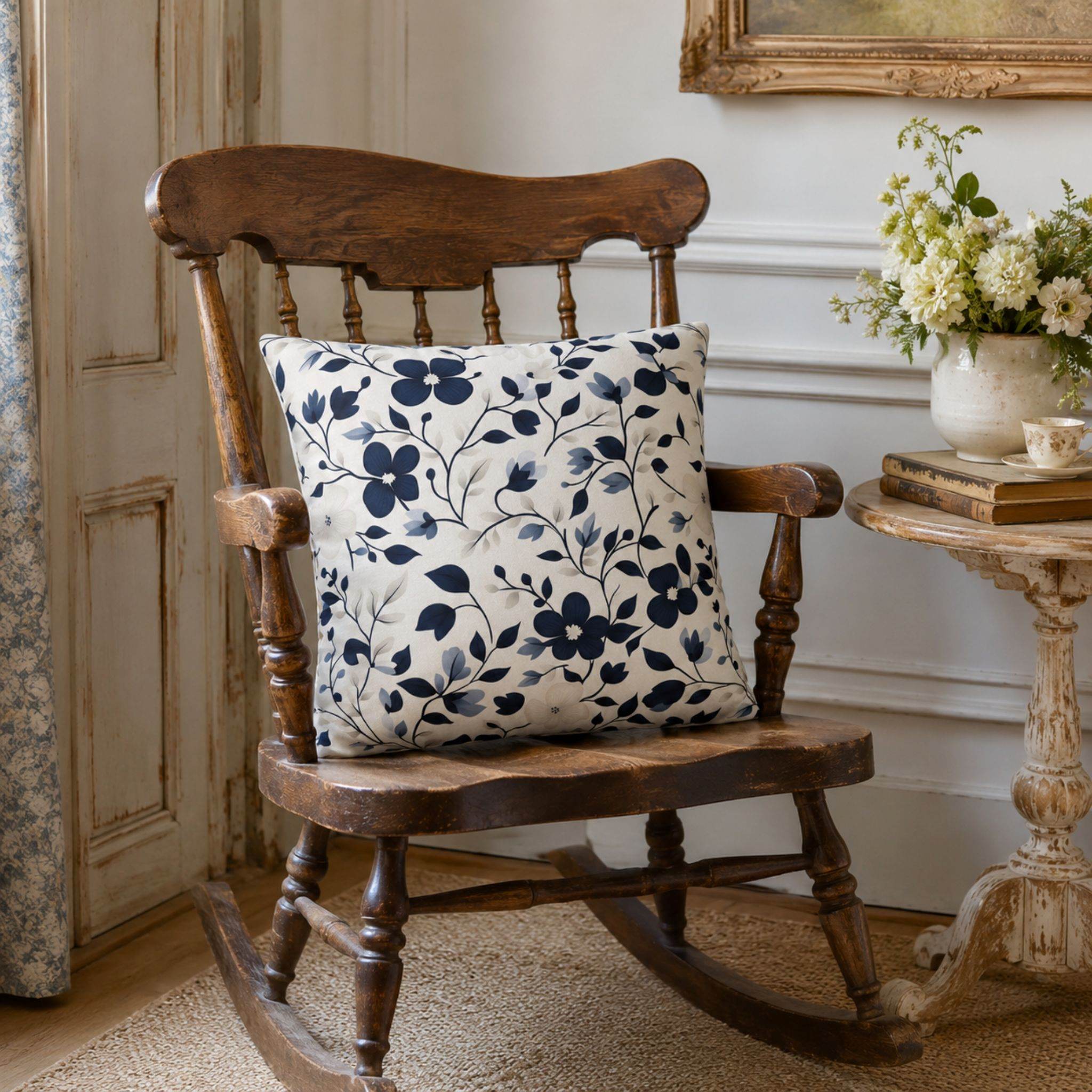 Navy floral pillow cover styled on wooden rocking chair in cozy cottage room.