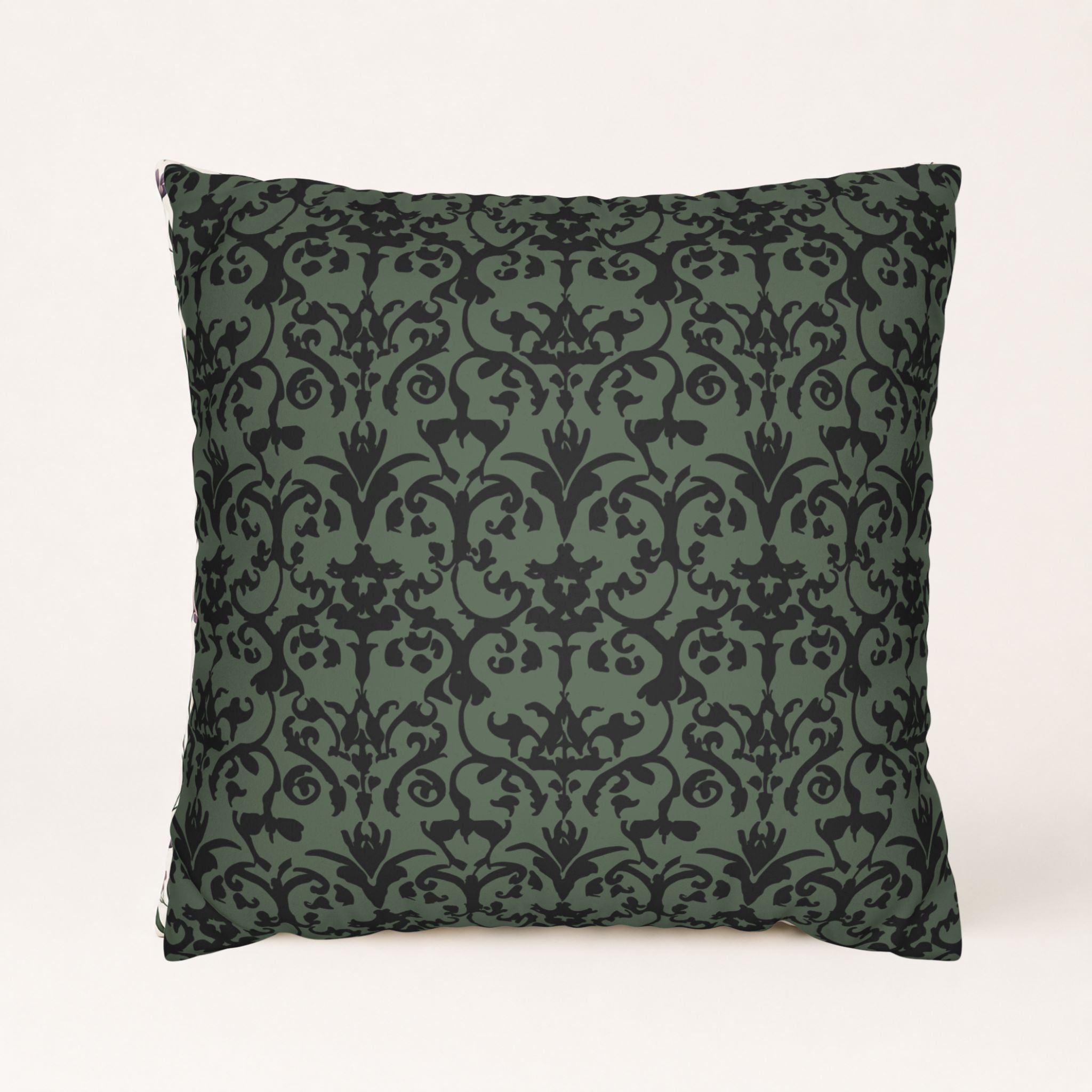 Black damask and green pillow cover.