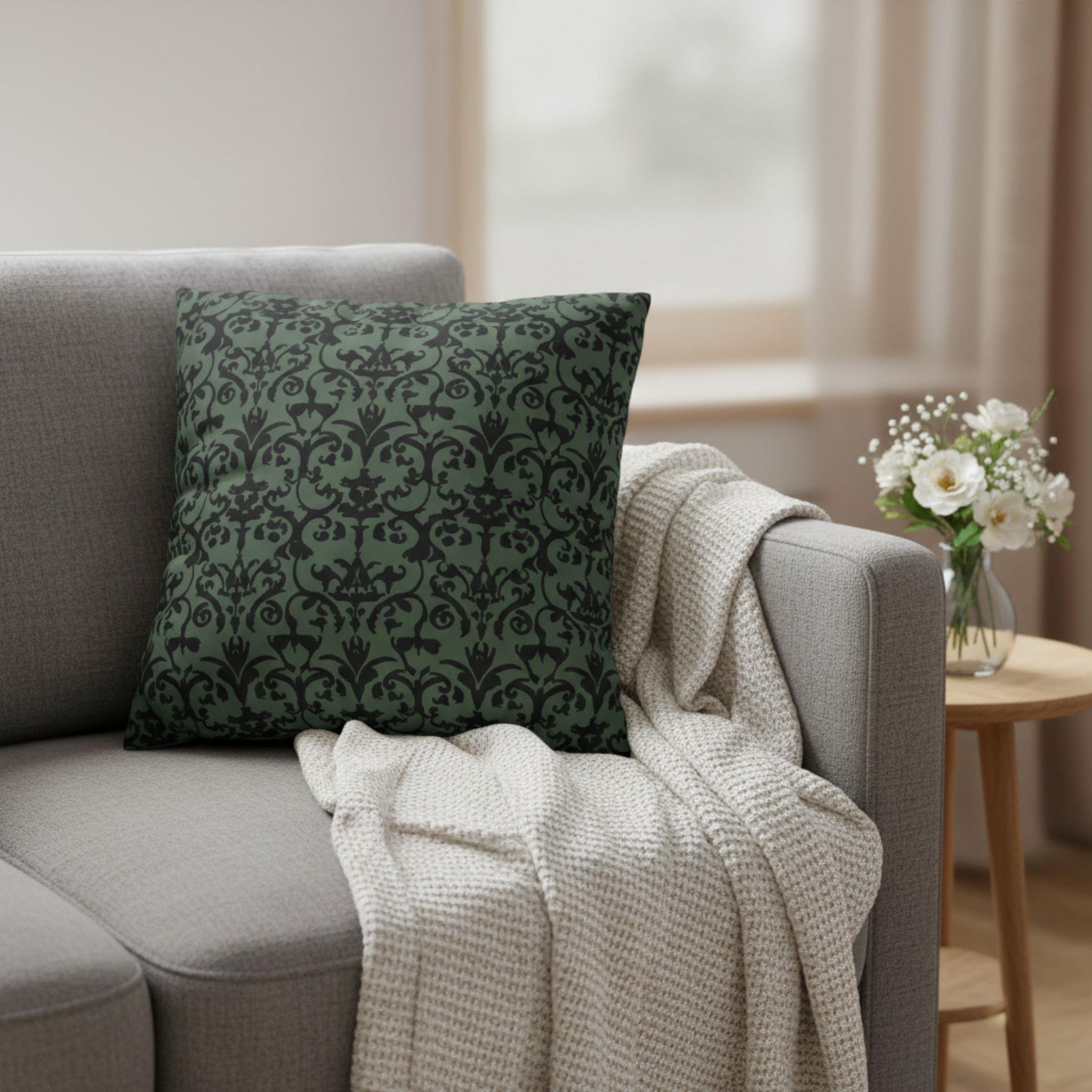 Gray sofa with a gothic throw pillow and blanket, next to a small table with flowers.
