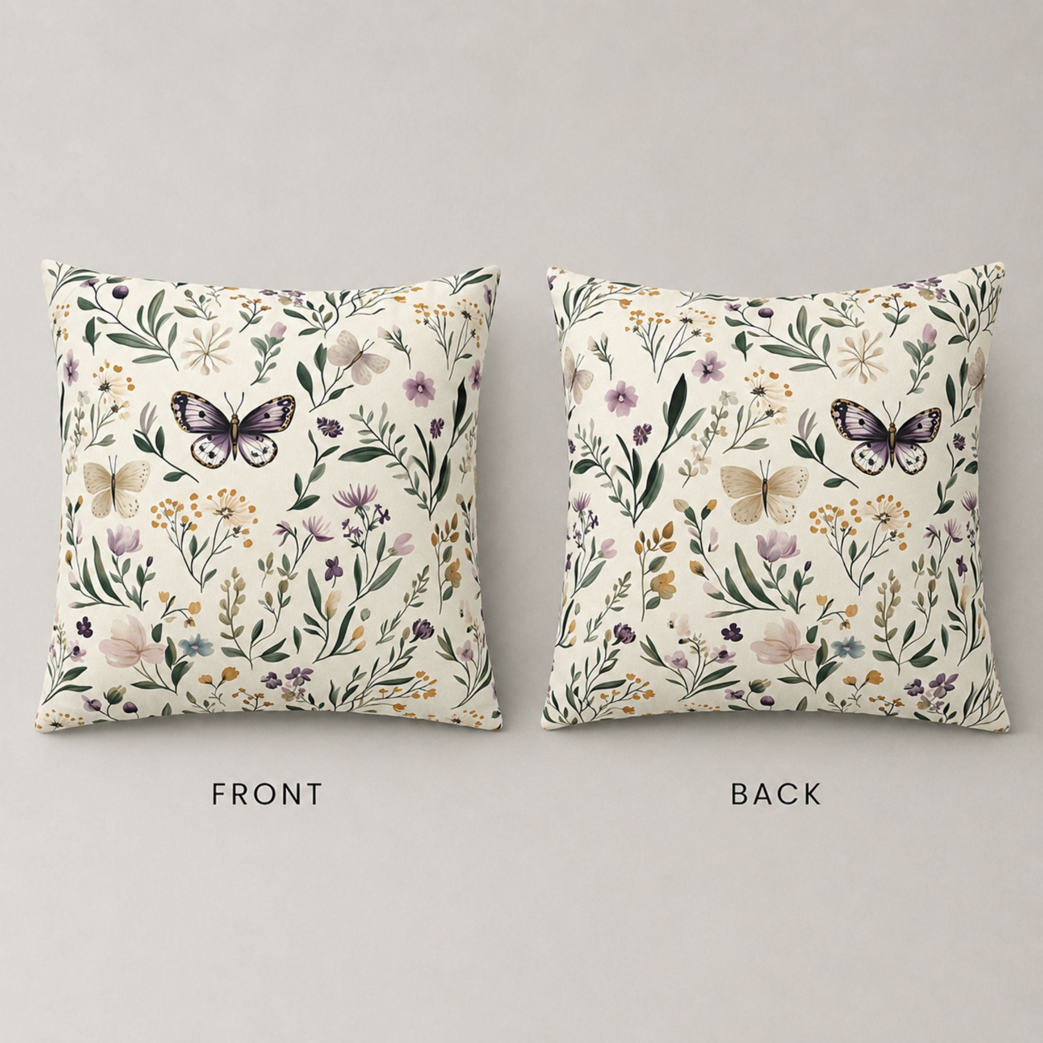 Floral and butterfly patterned pillow with front and back views on a light gray background