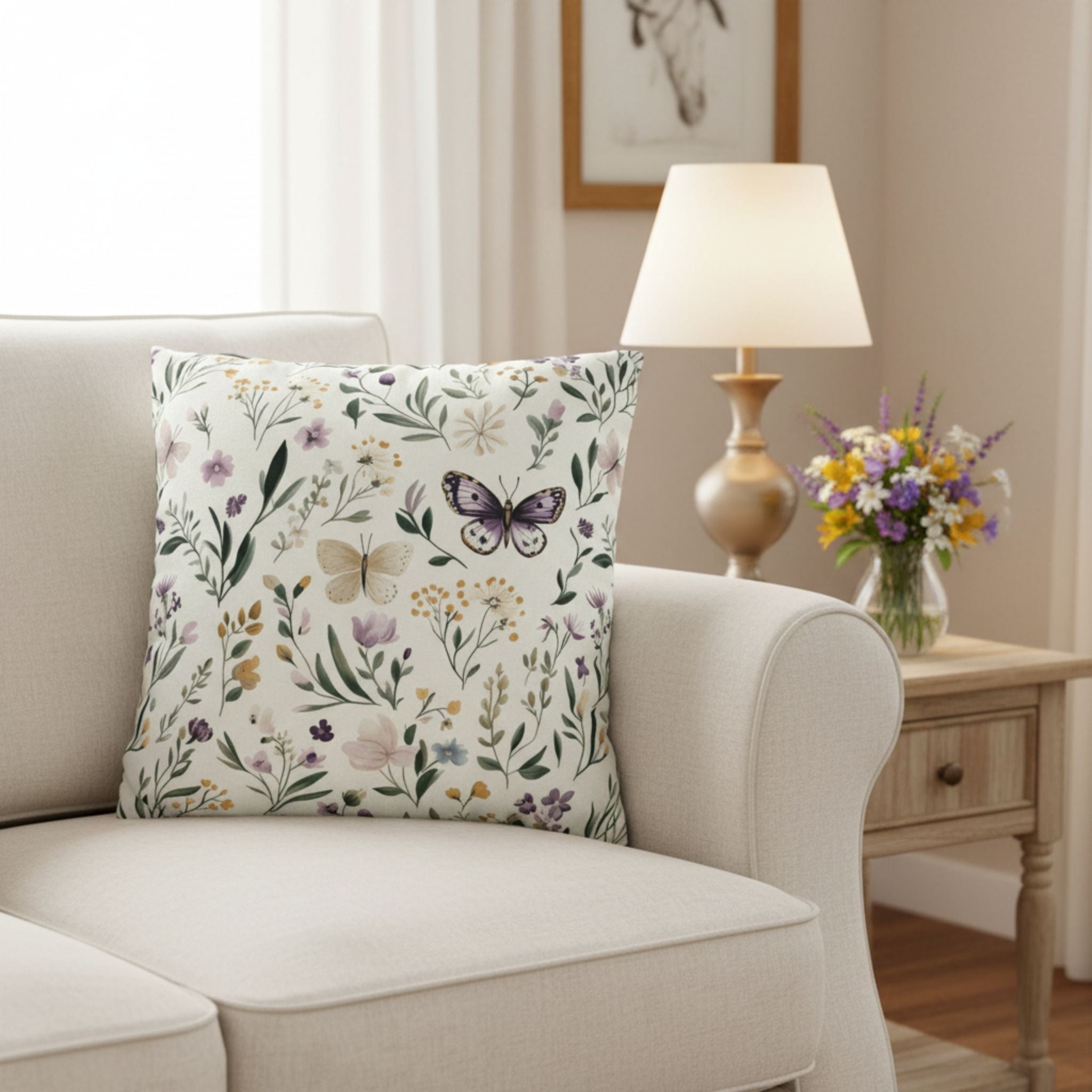 Wildflower pillow cover with floral and butterfly pattern on a beige sofa in a living room setting.