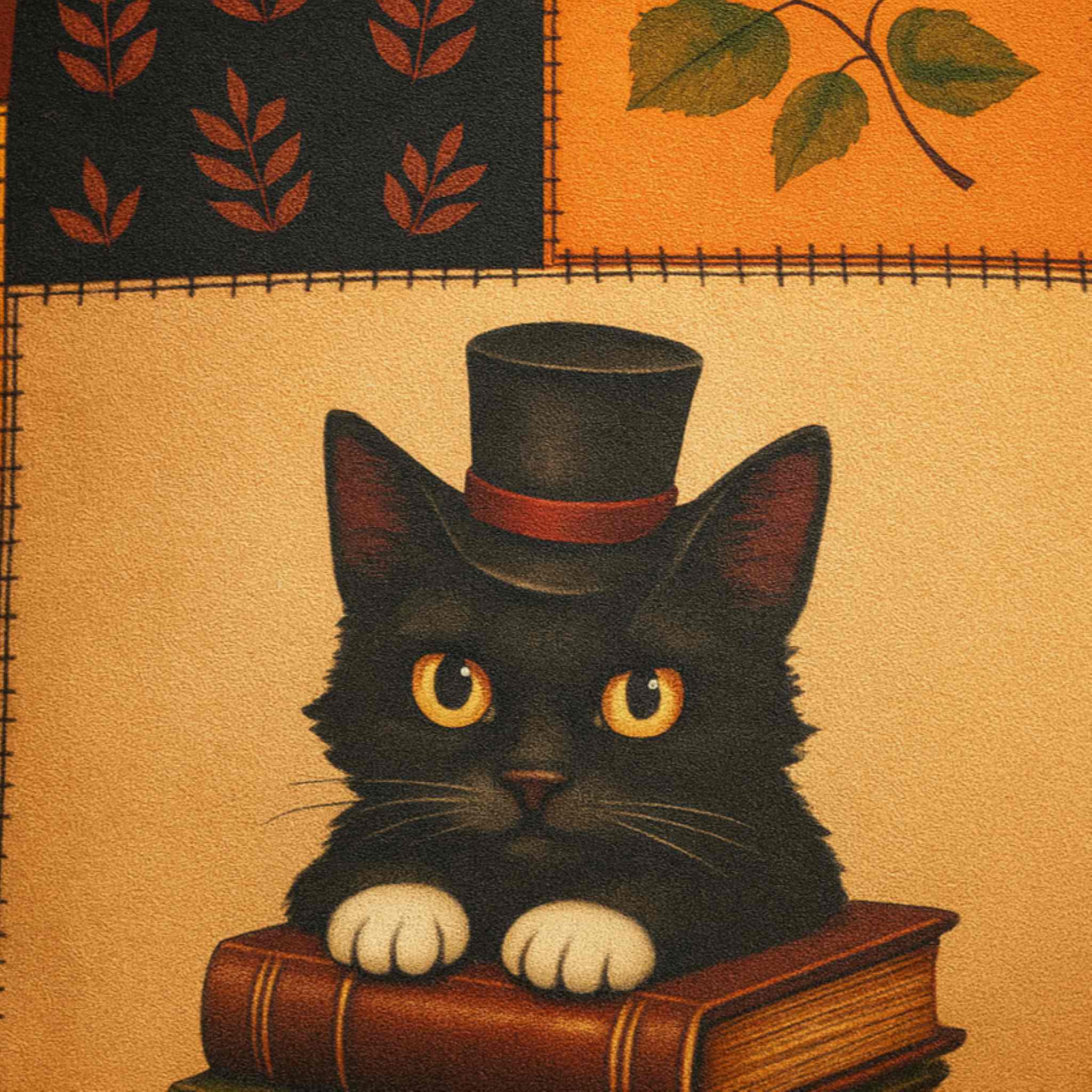 Black cat wearing a top hat on a book design for a pillow cover.