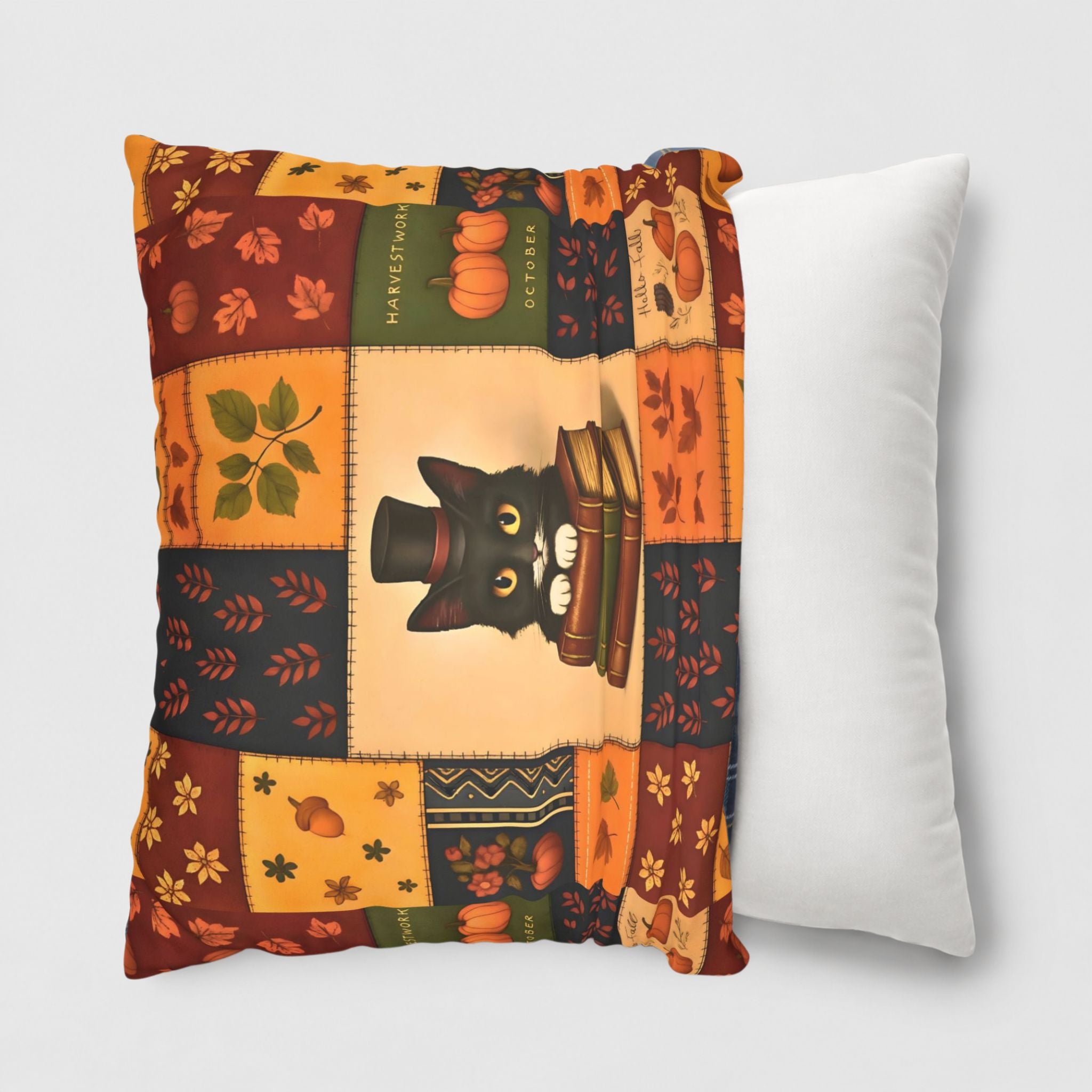 Black cat Autumn pillow cover on a 20 inch throw pillow.