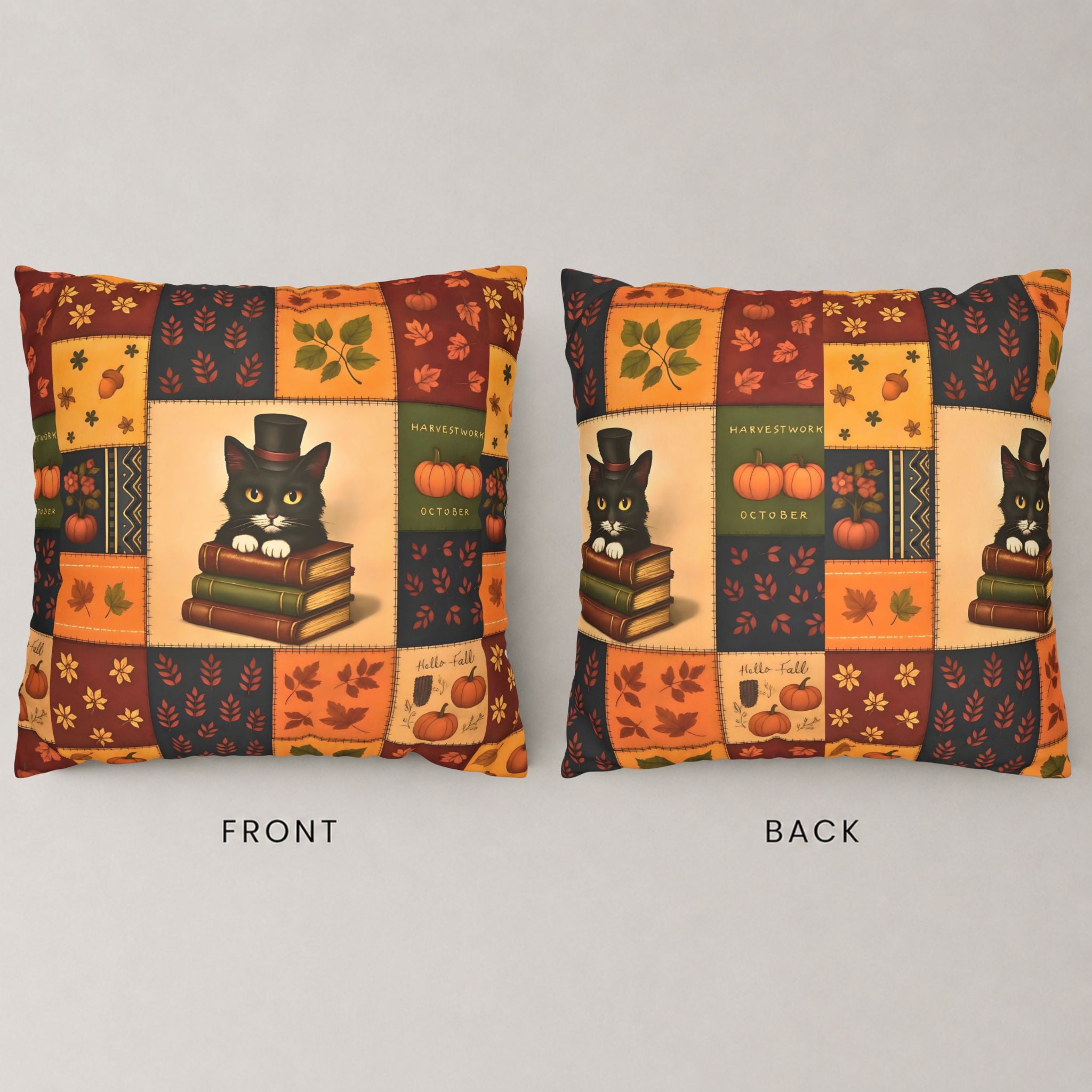 Pillow covers showing front and back designs with a black cat and autumnal elements.