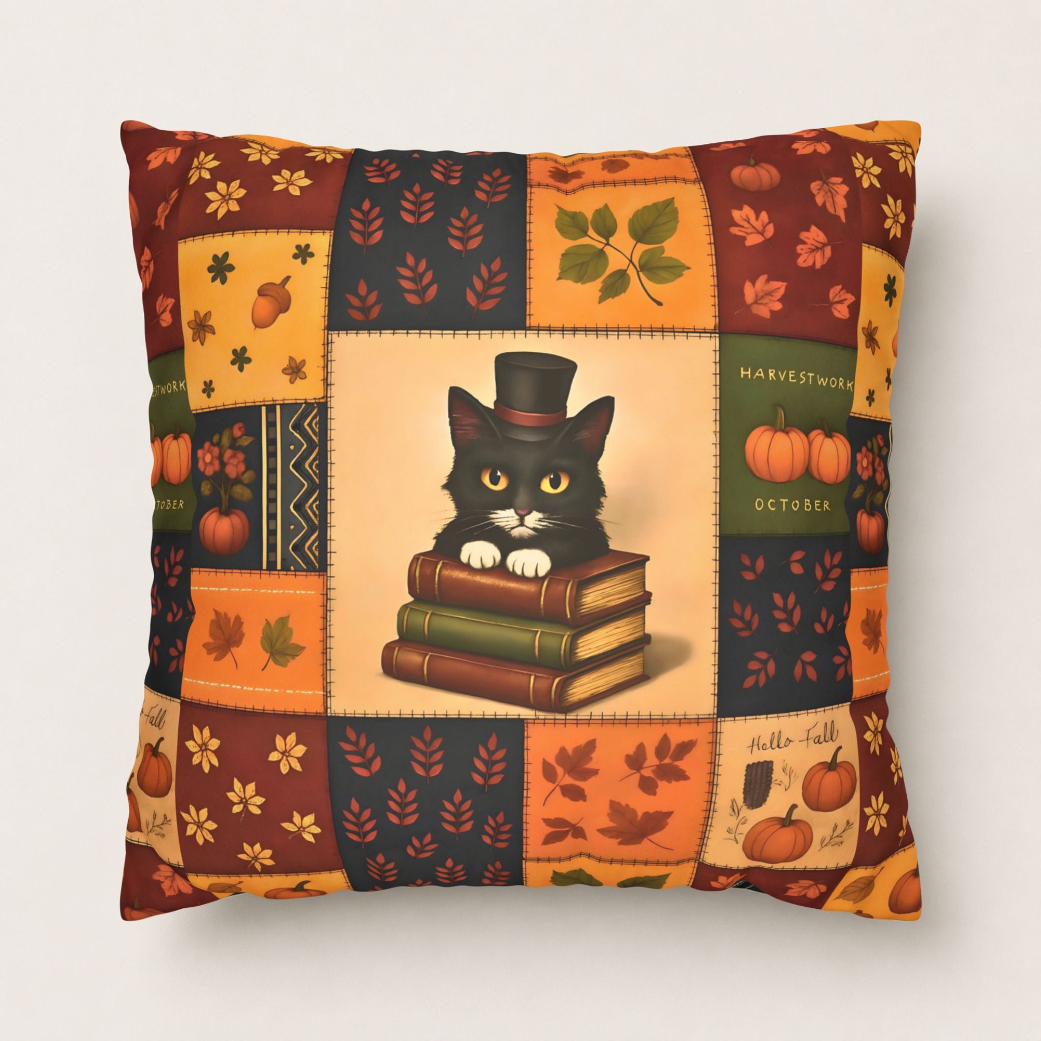 Decorative pillow cover  with a black cat, books, and autumn-themed design on a white background