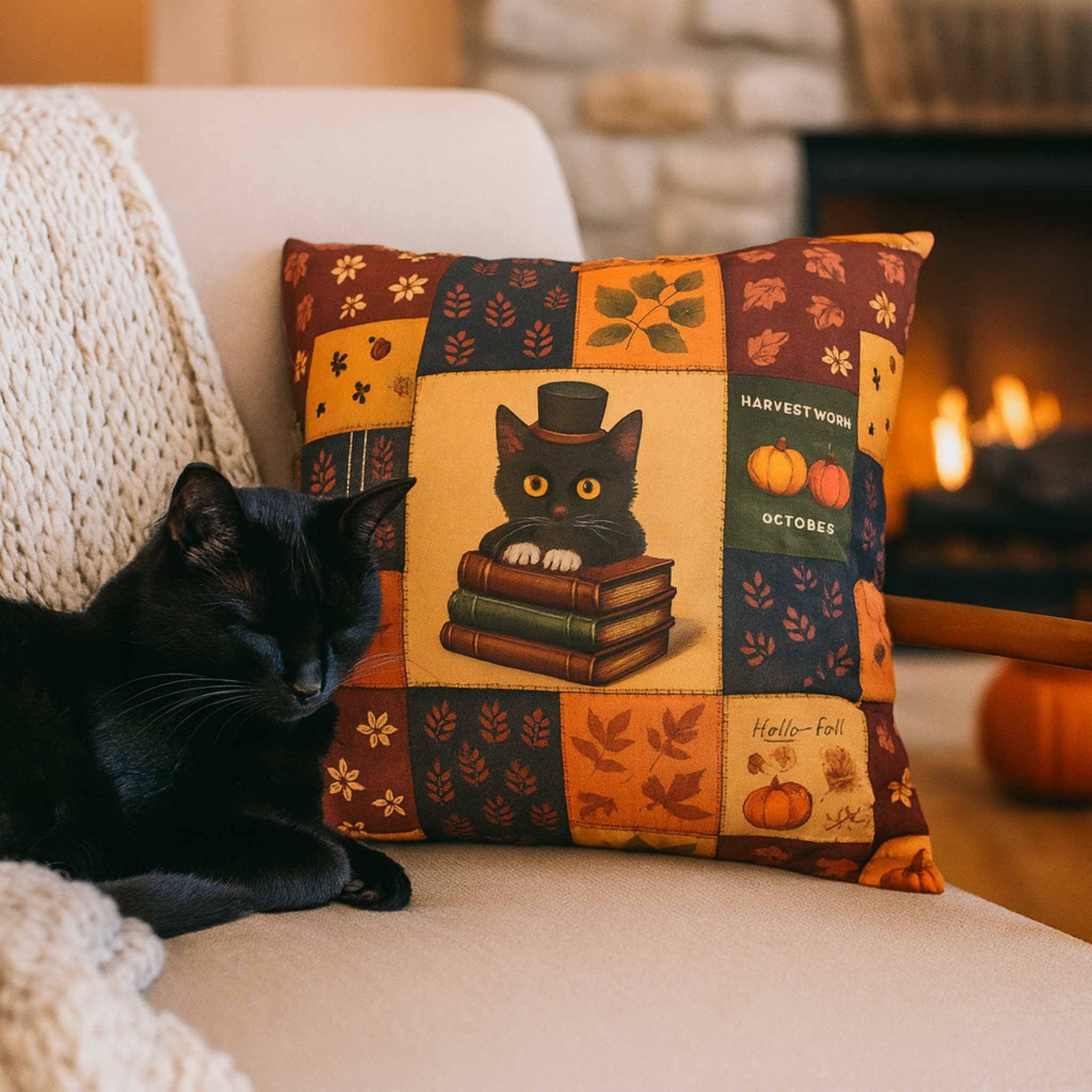 Black cat lying on a couch next to a Halloween pillow cover with a cat design, fireplace in the background.