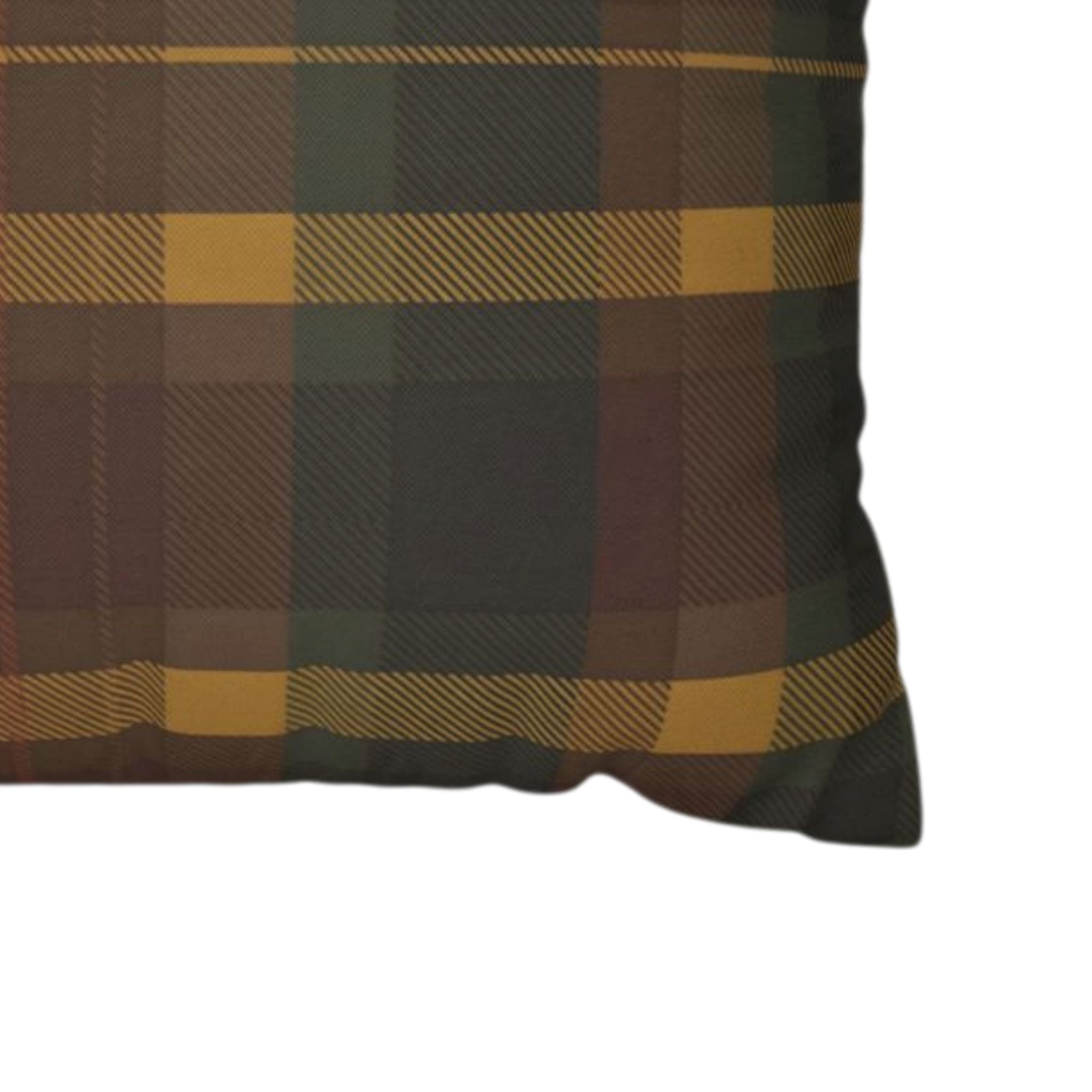 Plaid patterned pillow with reddish brown, green, and yellow colors on a white background